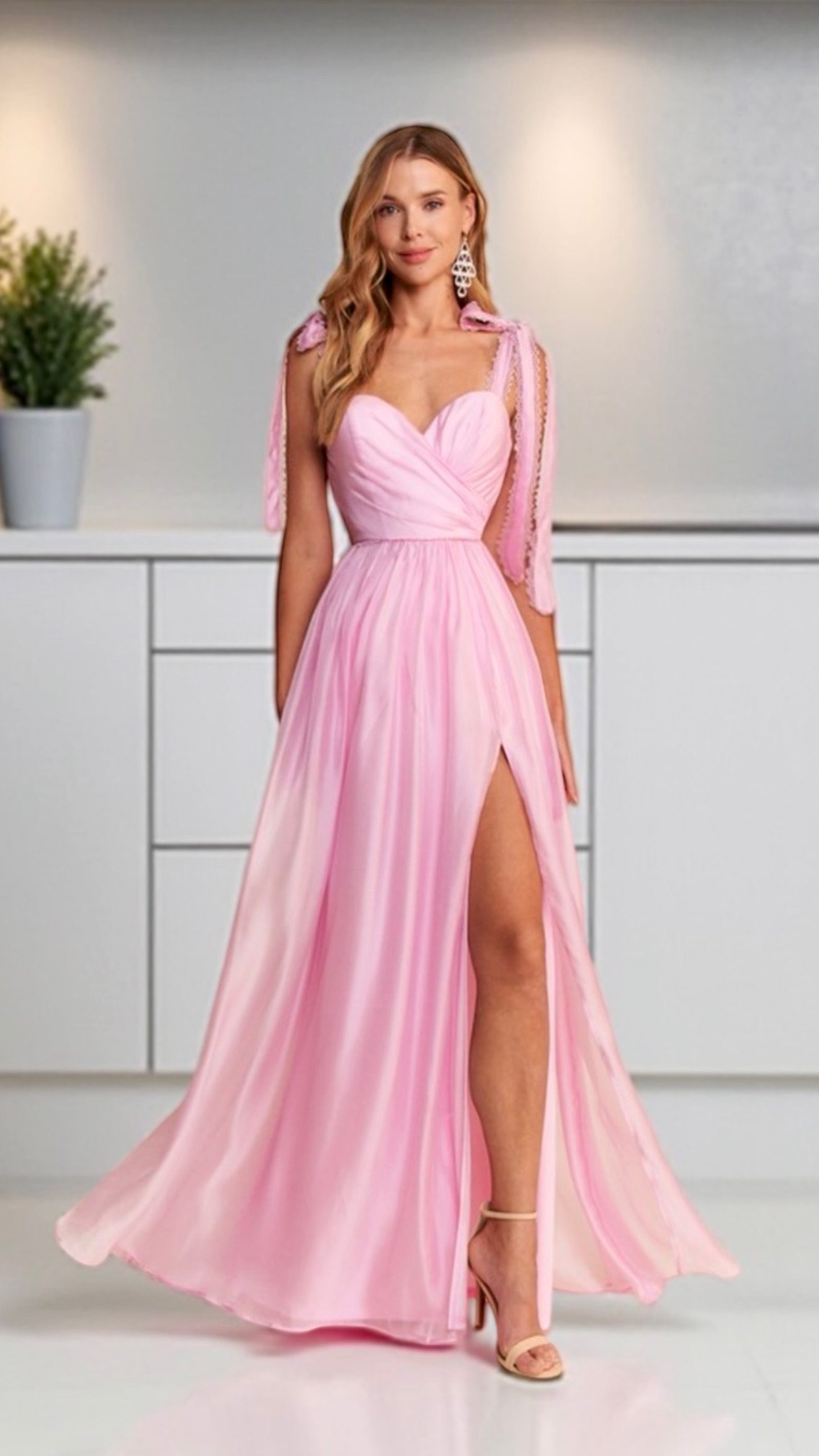 Vestido Largo Rosa Con Abertura - Image 4