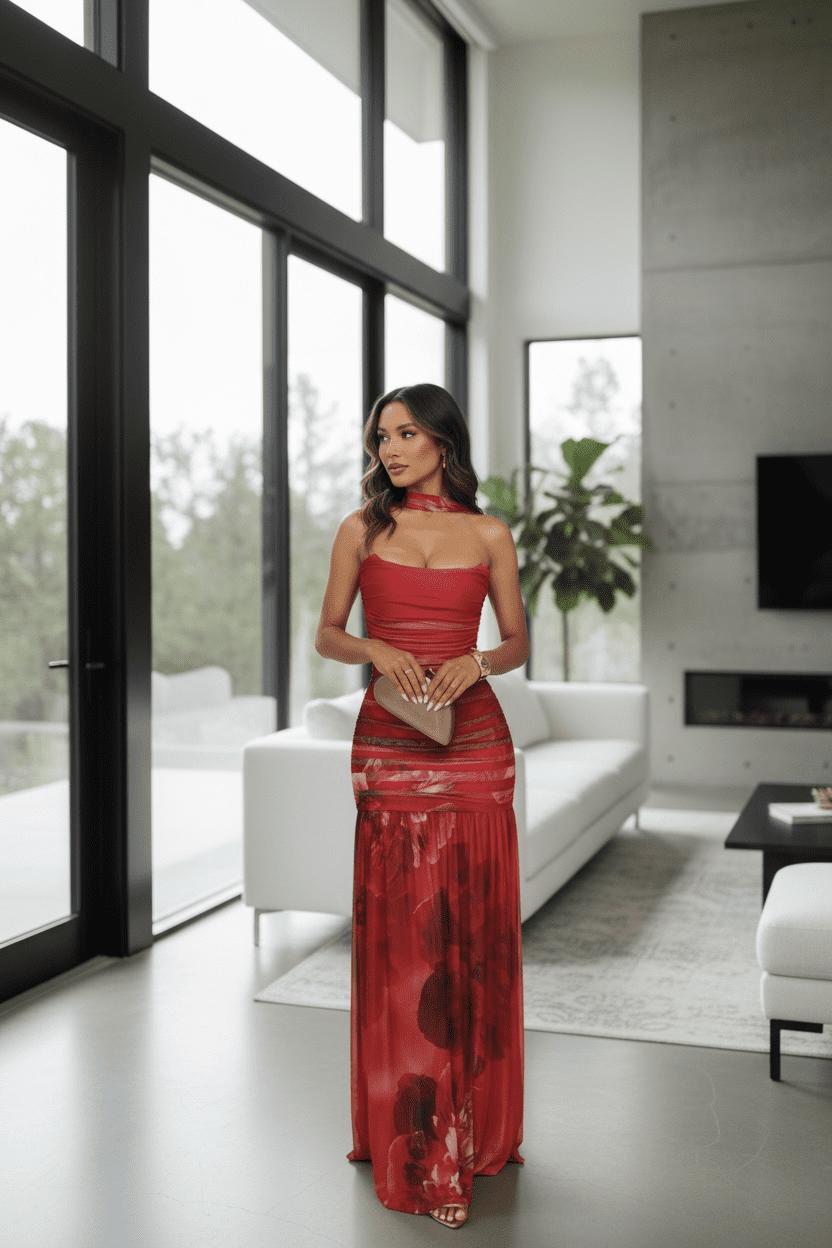 Vestido Rojo Estampado Con Escote - Image 4