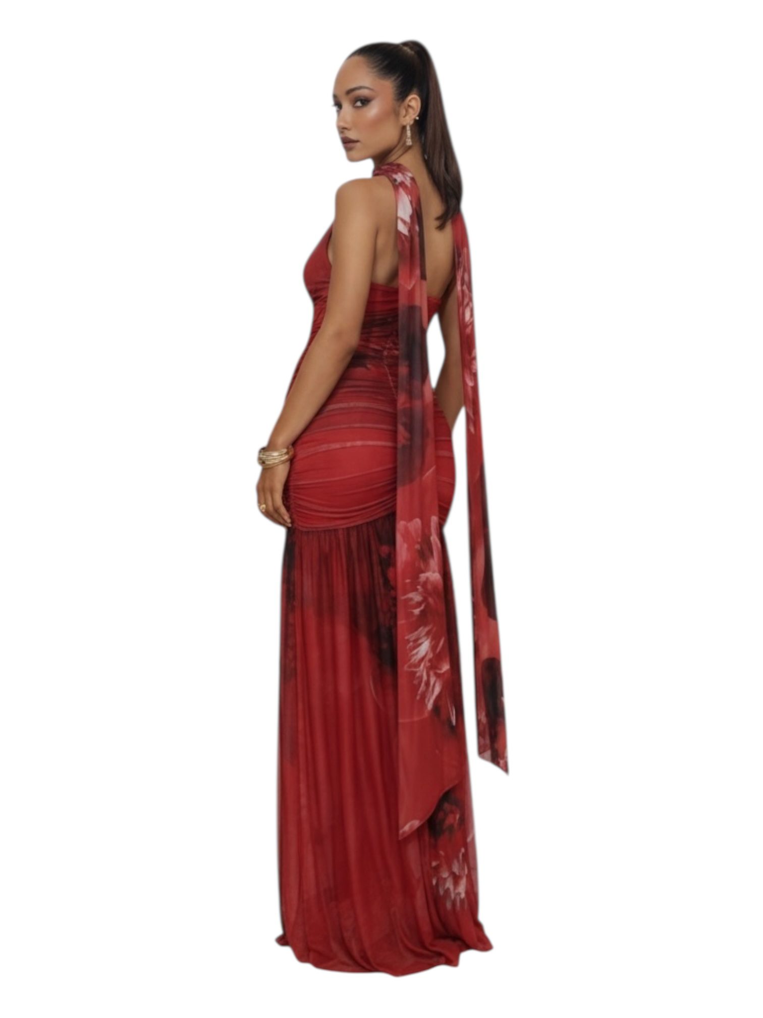 Vestido Rojo Estampado Con Escote - Image 3