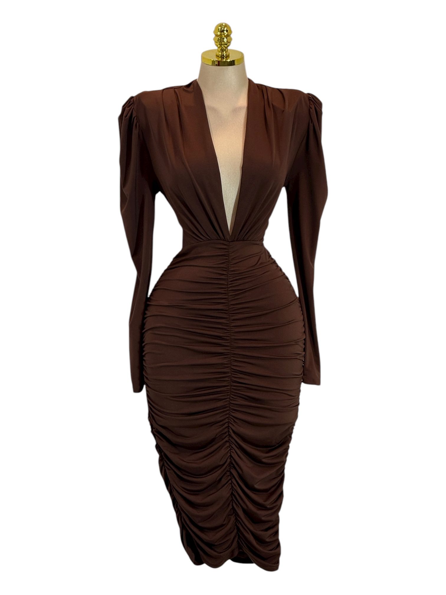 Vestido Café Midi Con Escote Profundo Y Drapeado Frontal - Image 2