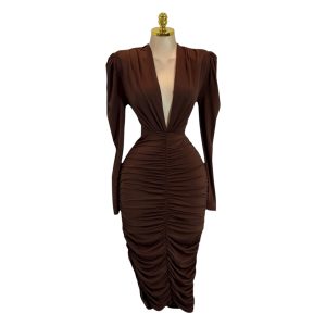 Vestido Café Midi Con Escote Profundo Y Drapeado Frontal