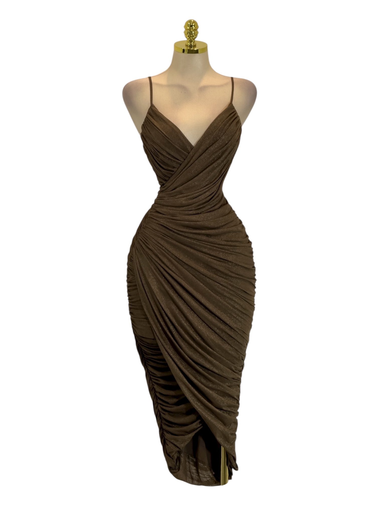 Vestido Café Midi Con Drapeado Y Tirantes Finos - Image 2