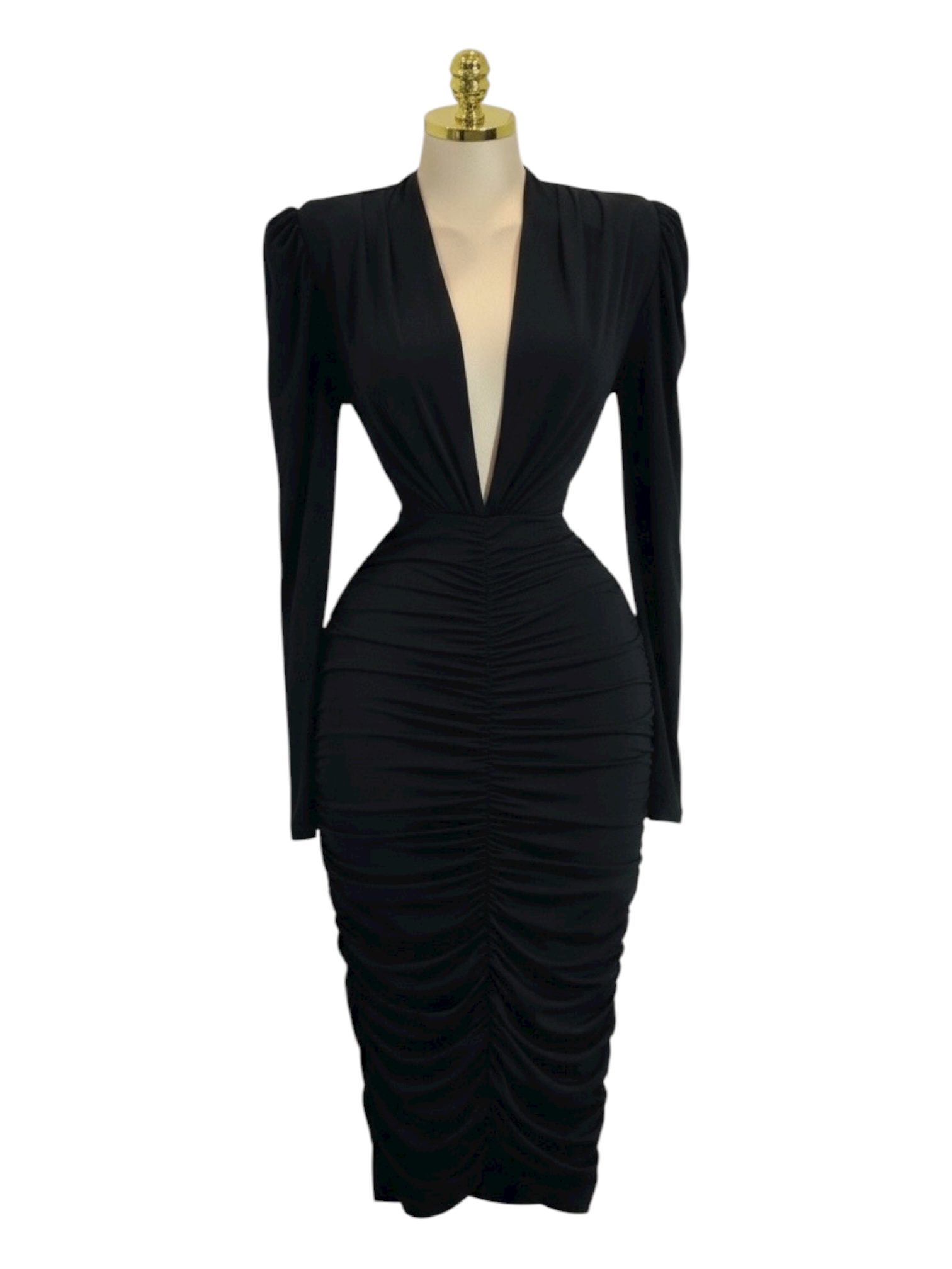 Vestido Negro Midi Con Escote Profundo Y Drapeado - Image 3