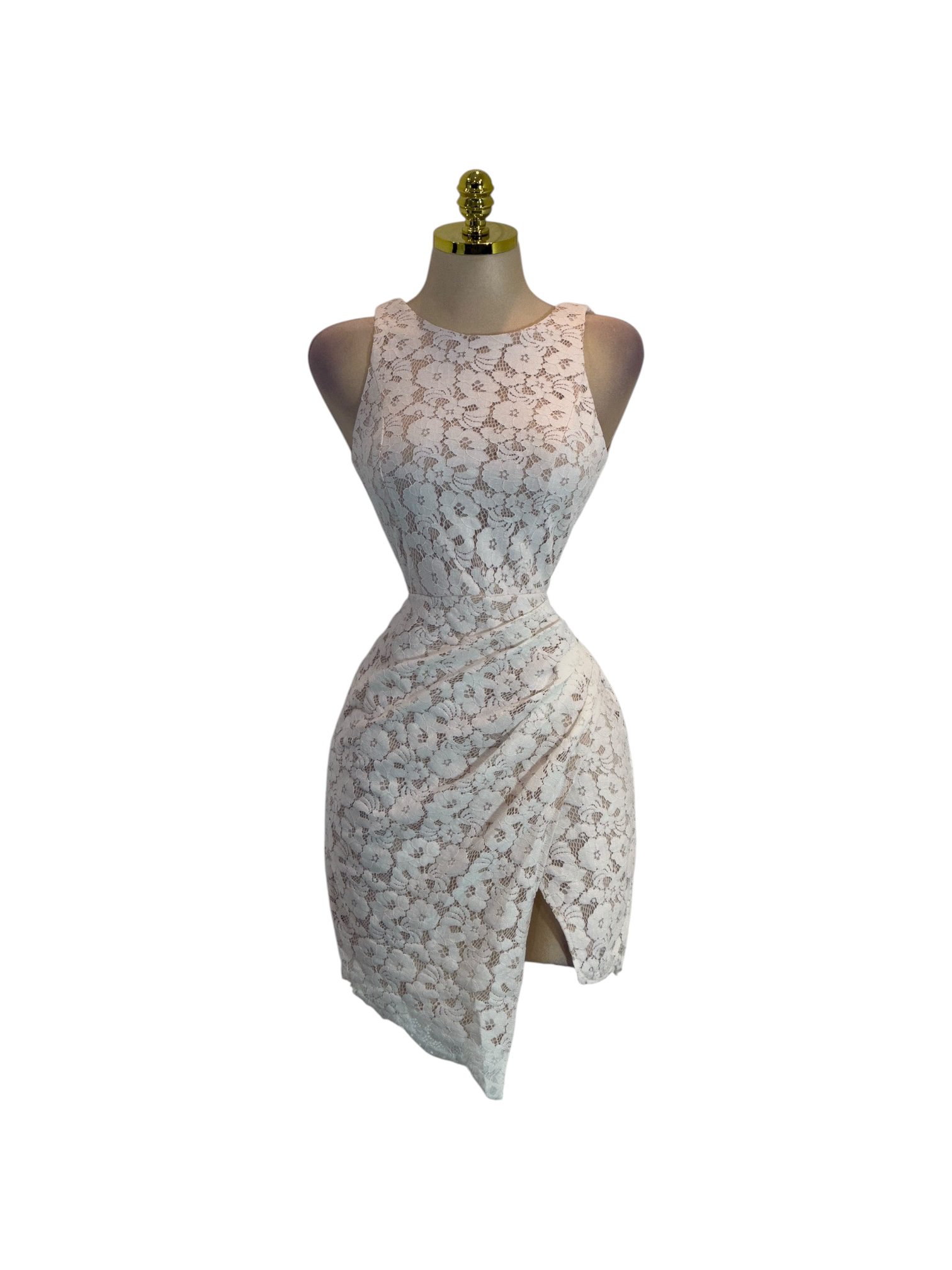 Vestido Corto Blanco De Encaje Con Corte Asimétrico - Image 2