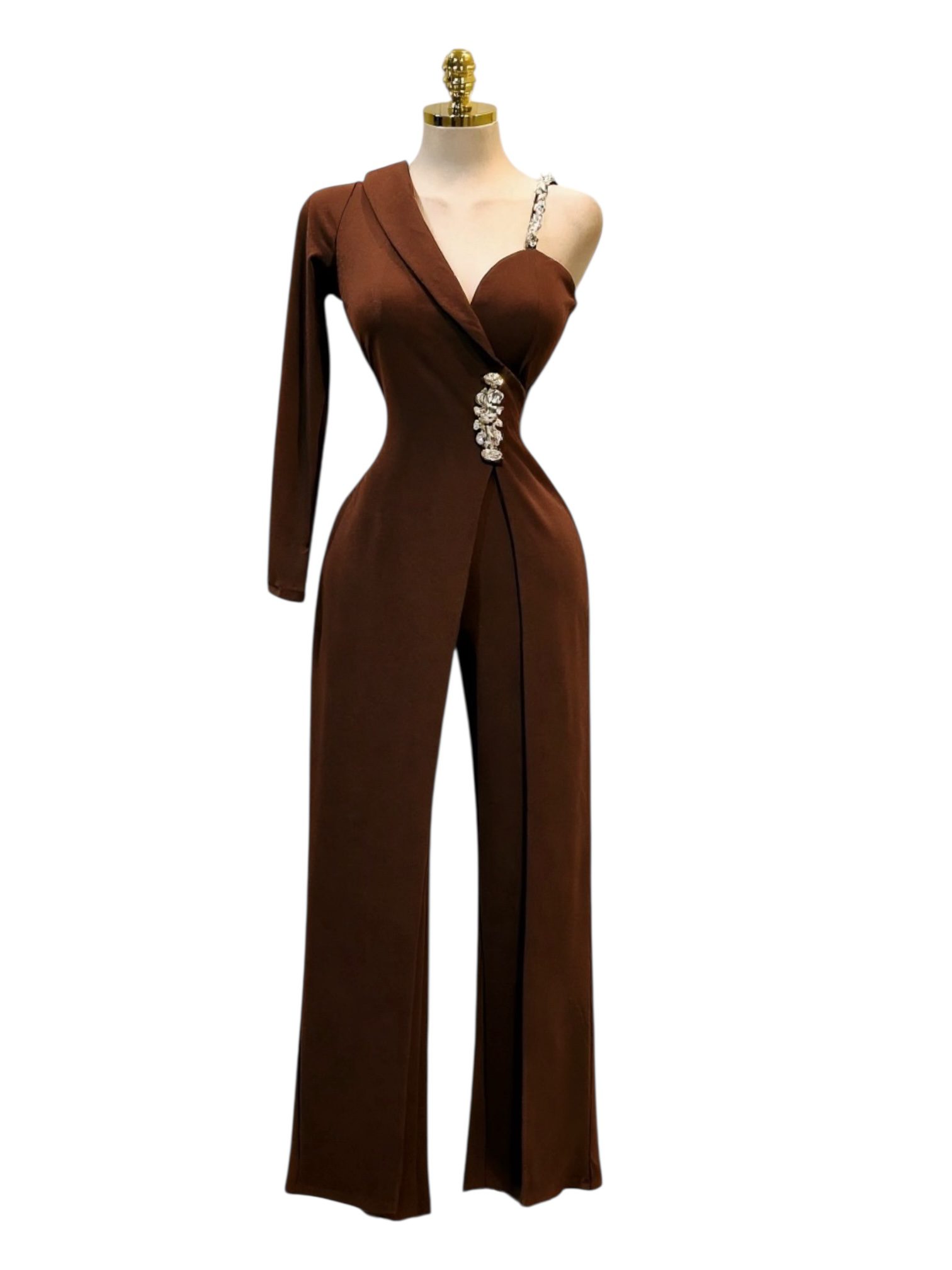 Palazzo Café Con Detalle De Brillos Y Escote Irregular - Image 2