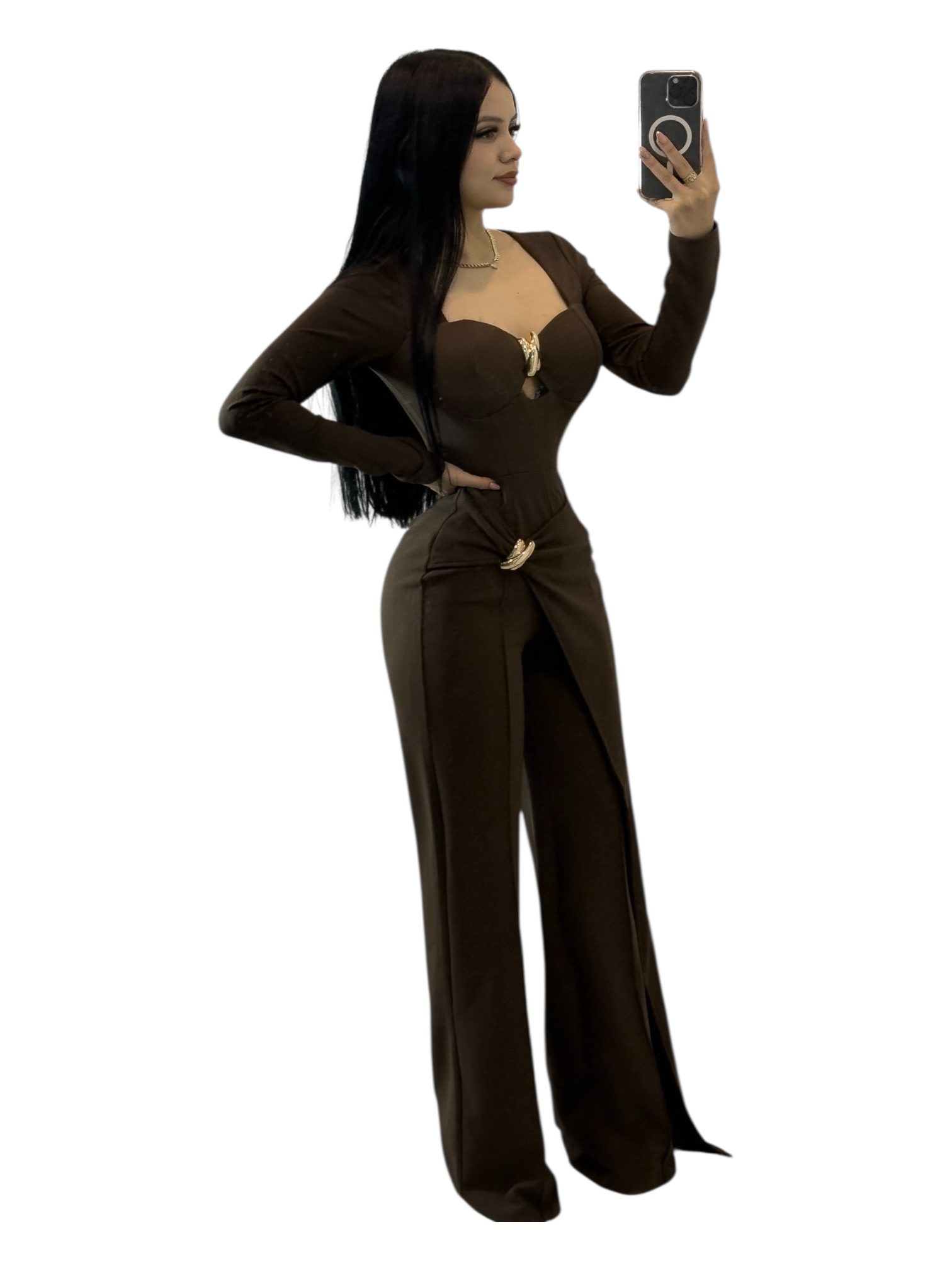 Palzzo Café Con Broches Dorados Y Cintura Marcada - Image 3