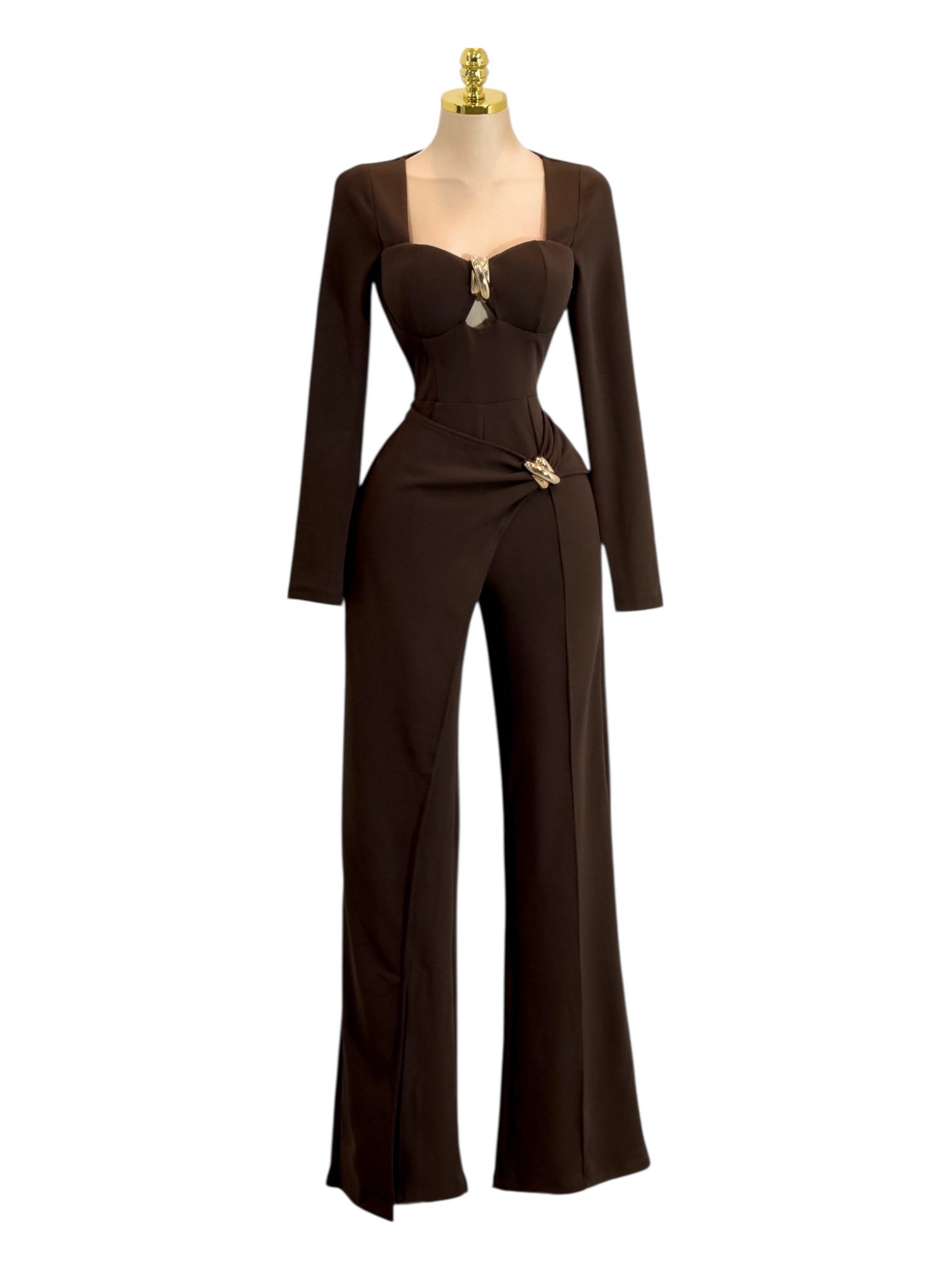 Palzzo Café Con Broches Dorados Y Cintura Marcada - Image 2