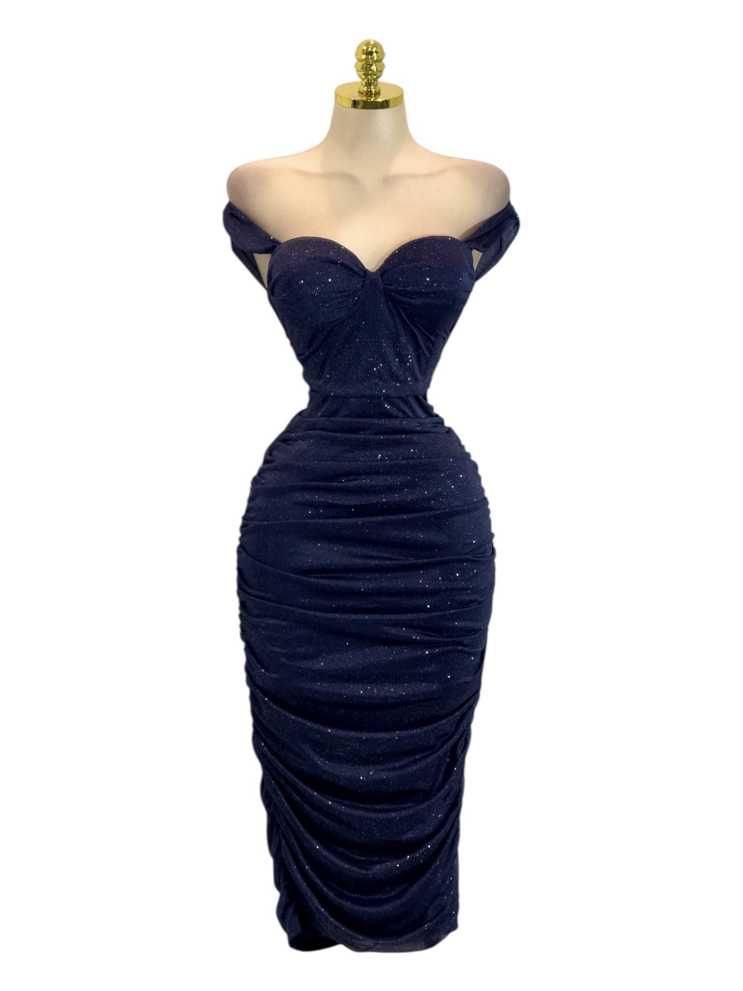 Vestido Azul Marino Con Brillos Y Escote Caído En Hombros - Image 2