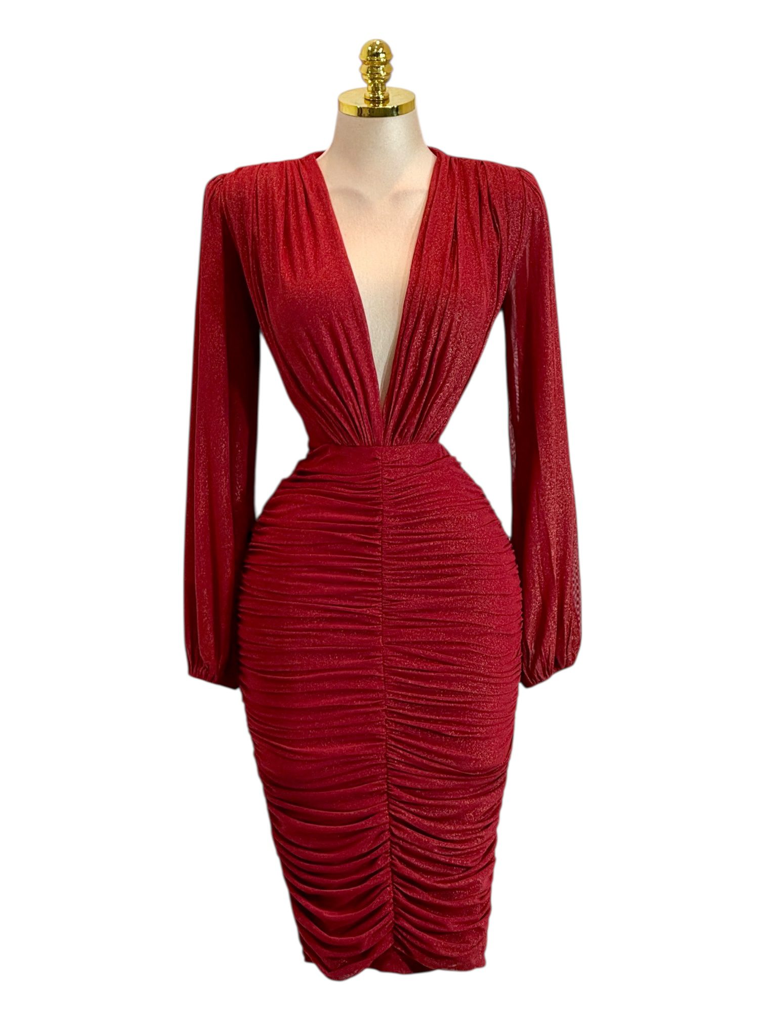 Vestido Rojo Midi Con Escote Profundo Y Fruncido Delantero - Image 2