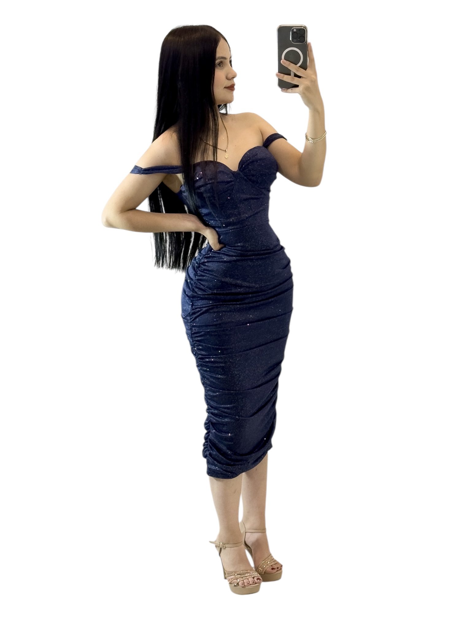 Vestido Azul Marino Con Brillos Y Escote Caído En Hombros - Image 3