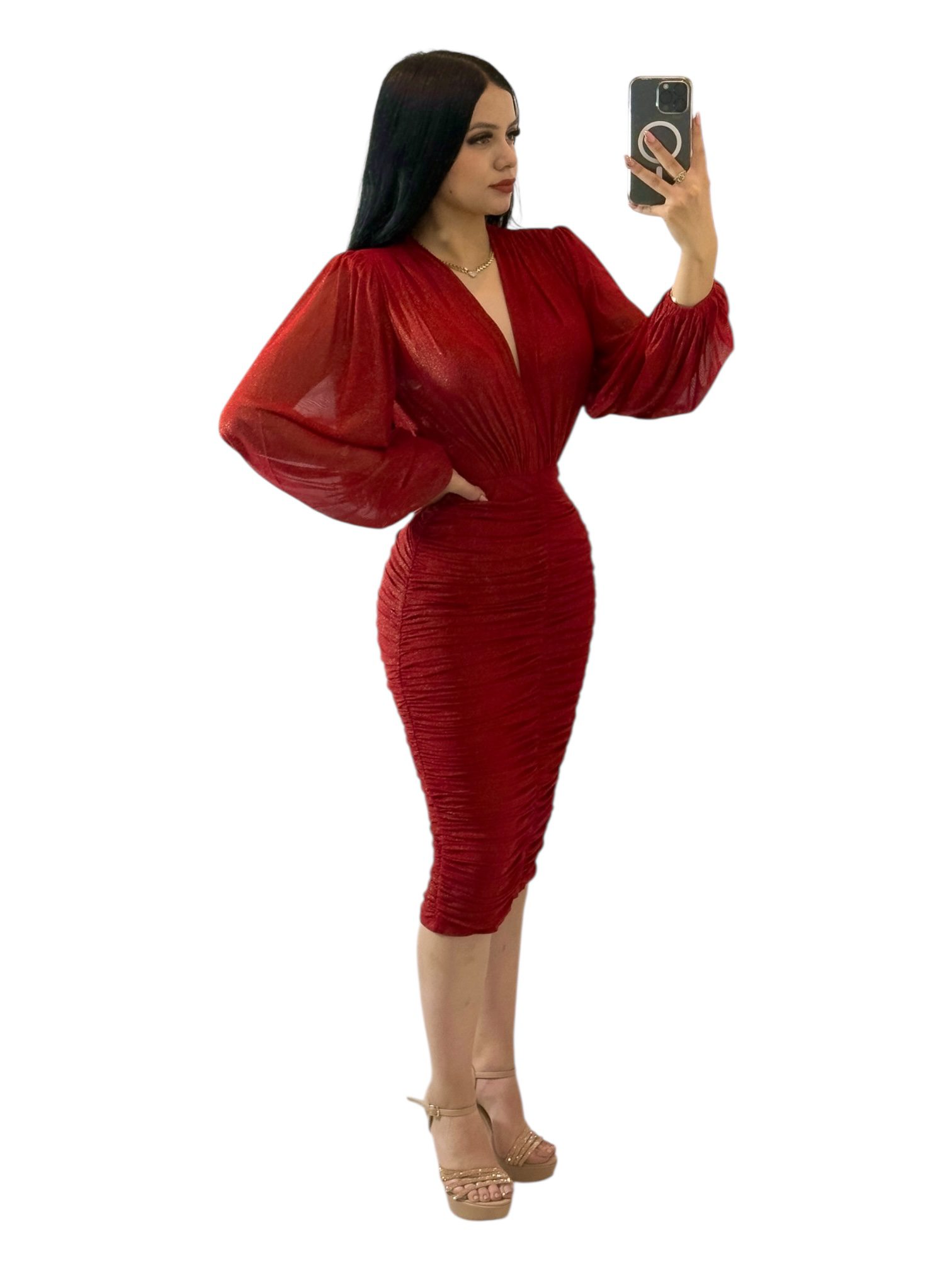 Vestido Rojo Midi Con Escote Profundo Y Fruncido Delantero - Image 3