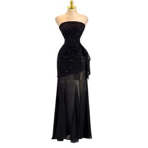 Vestido Negro Strapless Con Lentejuelas Y Falda Transparente