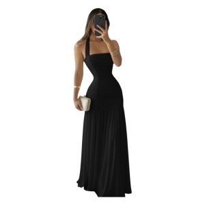 Vestido Largo Negro Con Tirante Ancho Y Fruncido Superior