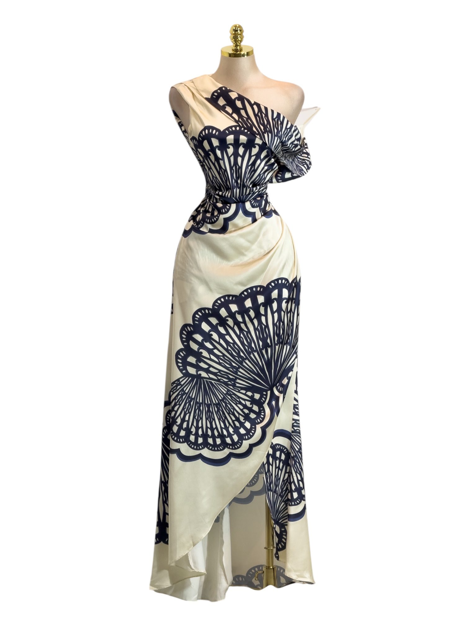 Vestido Marfil Estampado Asimétrico Con Diseño Geométrico Y Drapeado - Image 2