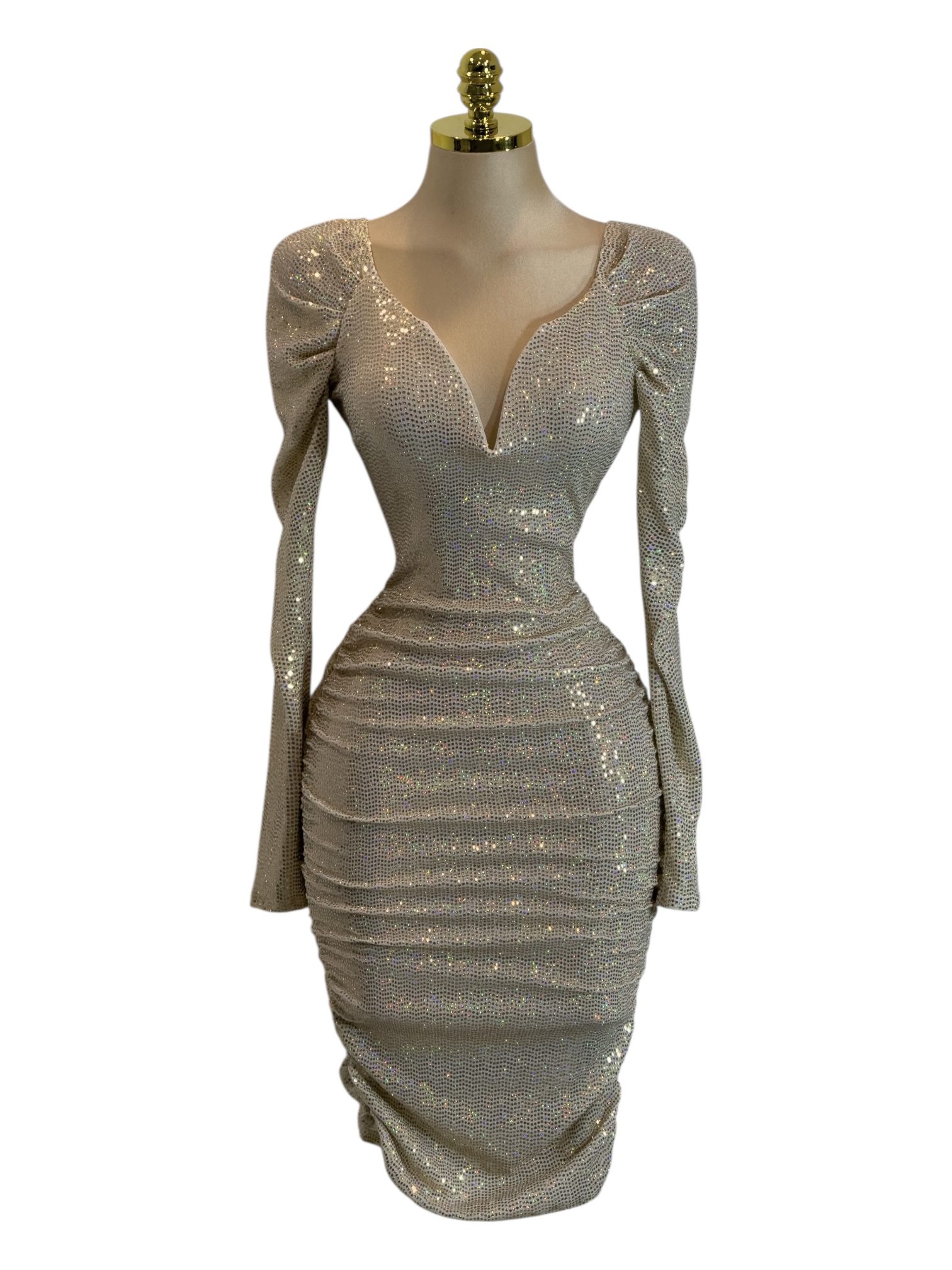 Vestido Beige Con Brillos Manga Larga Y Escote Profundo - Image 2