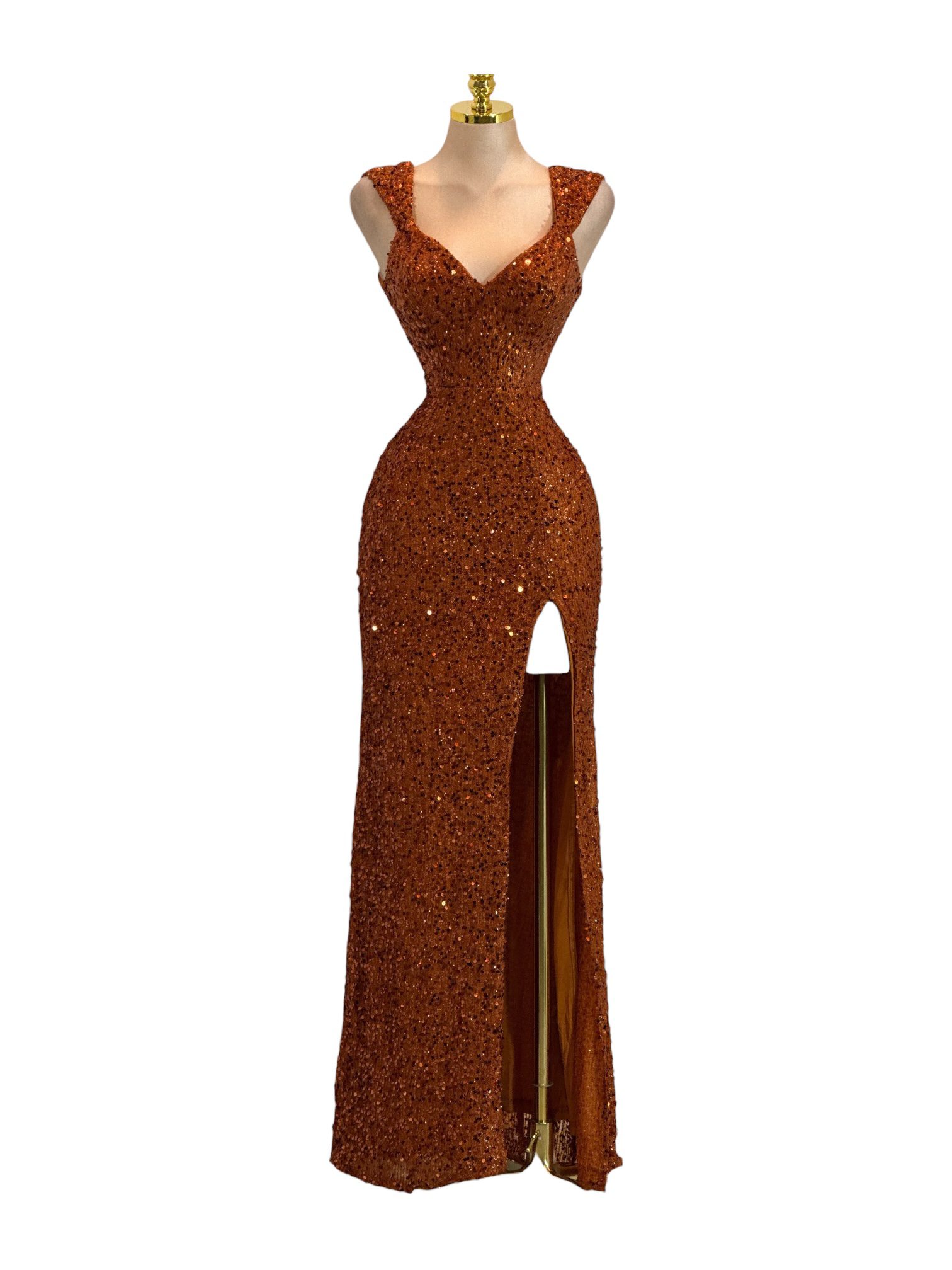 Vestido Cobre Con Abertura y Lentejuela - Image 2