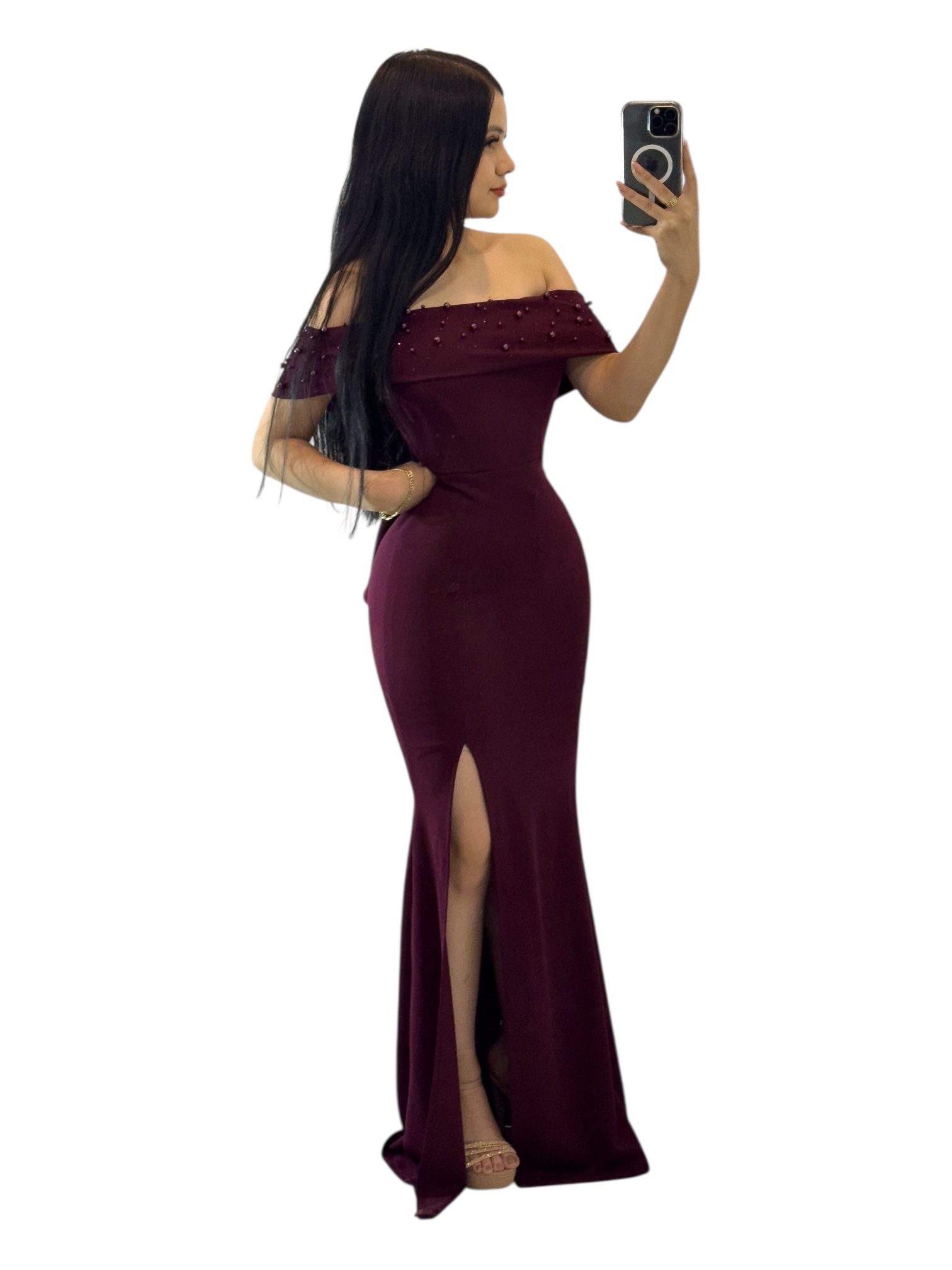 Vestido Color Vino Con Perlas - Image 2