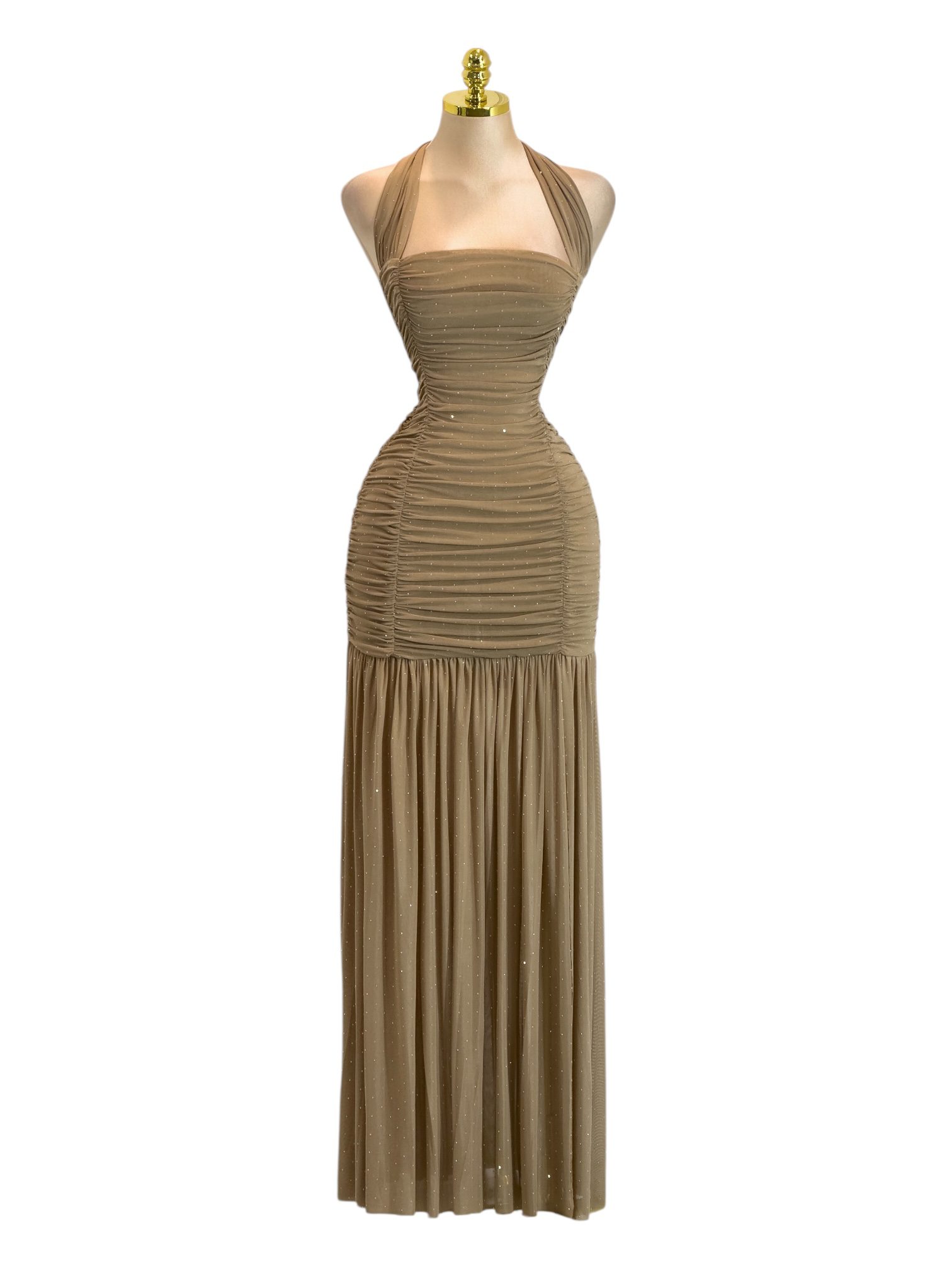 Vestido Largo Beige Piedras Y Con Fruncido - Image 2