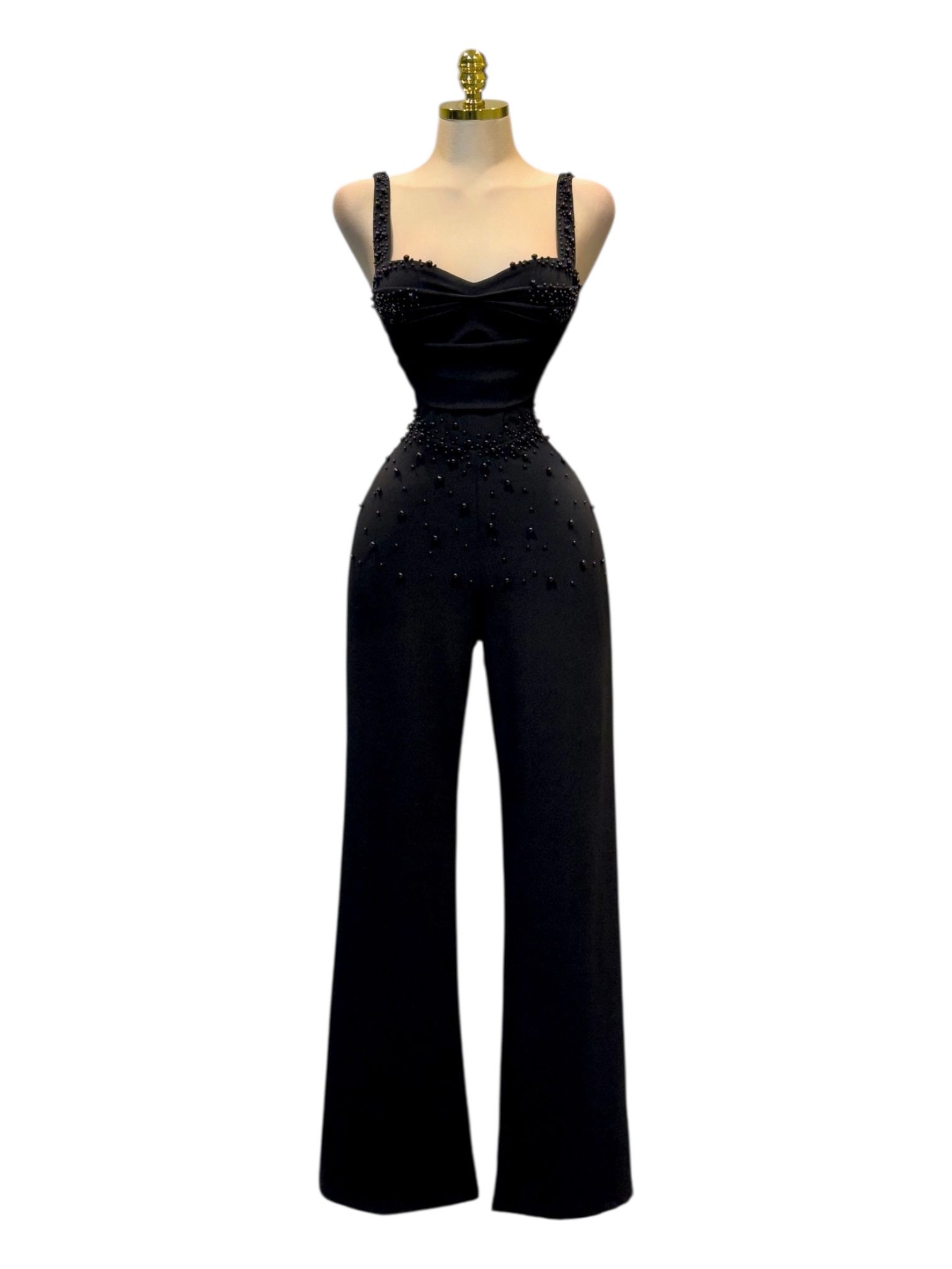 Palazzo Negro Largo Con Tirantes Anchos Y Perlas Brillantes En El Corset - Image 2