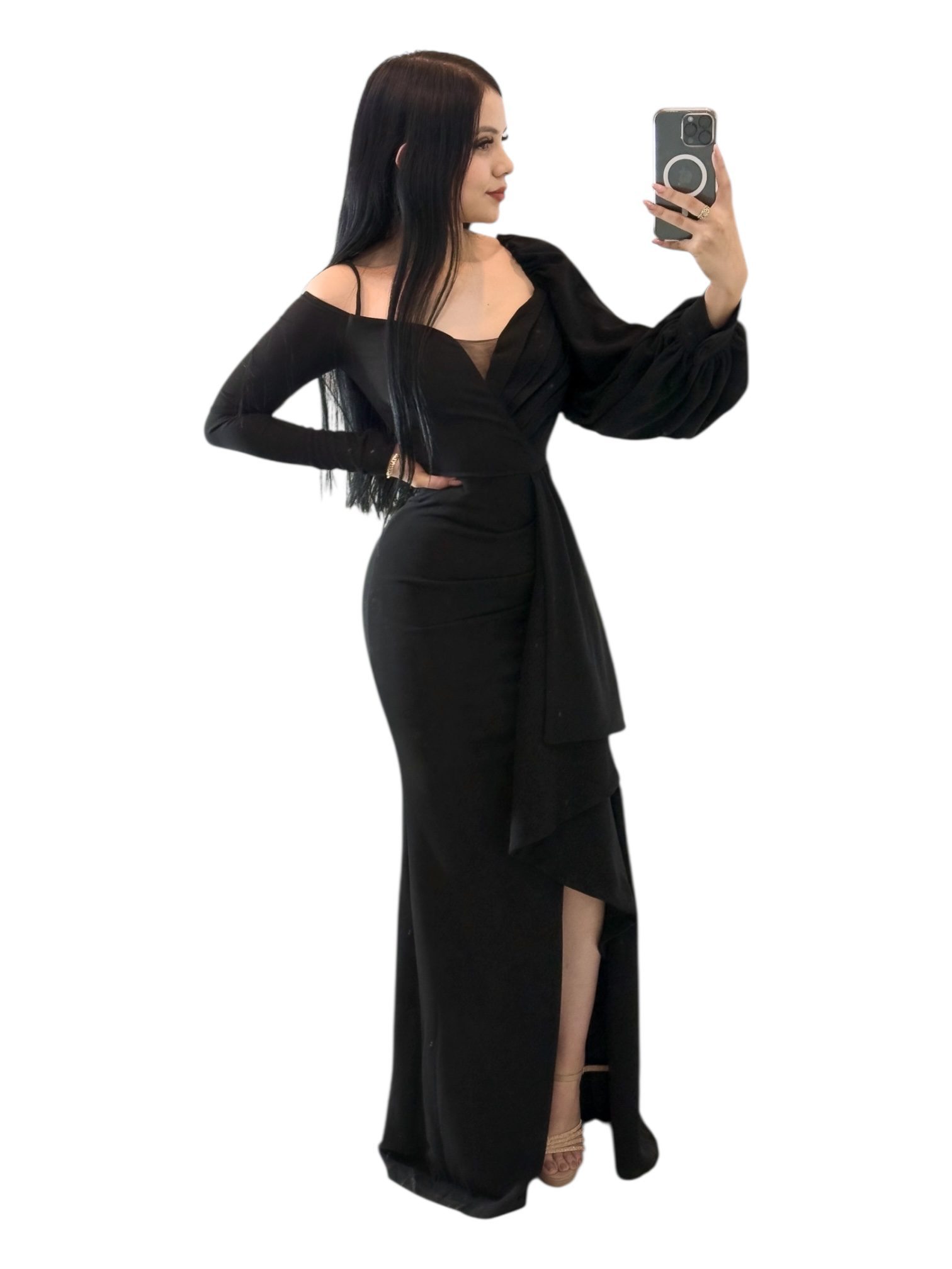 Vestido Largo Negro Asimétrico Con Volante Lateral - Image 3