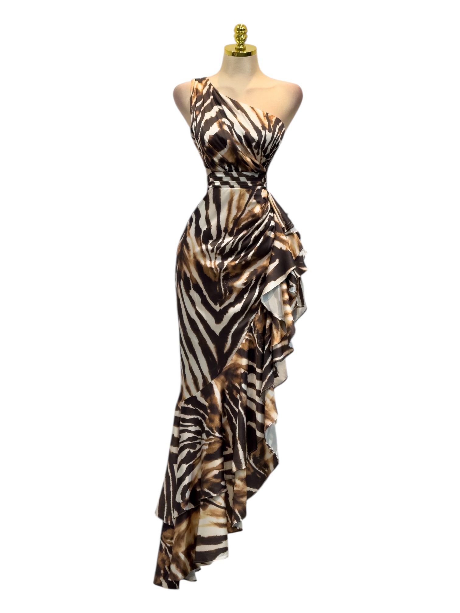 Vestido Largo Animal Print Asimétrico De Un Hombro Con Volantes Laterales - Image 2