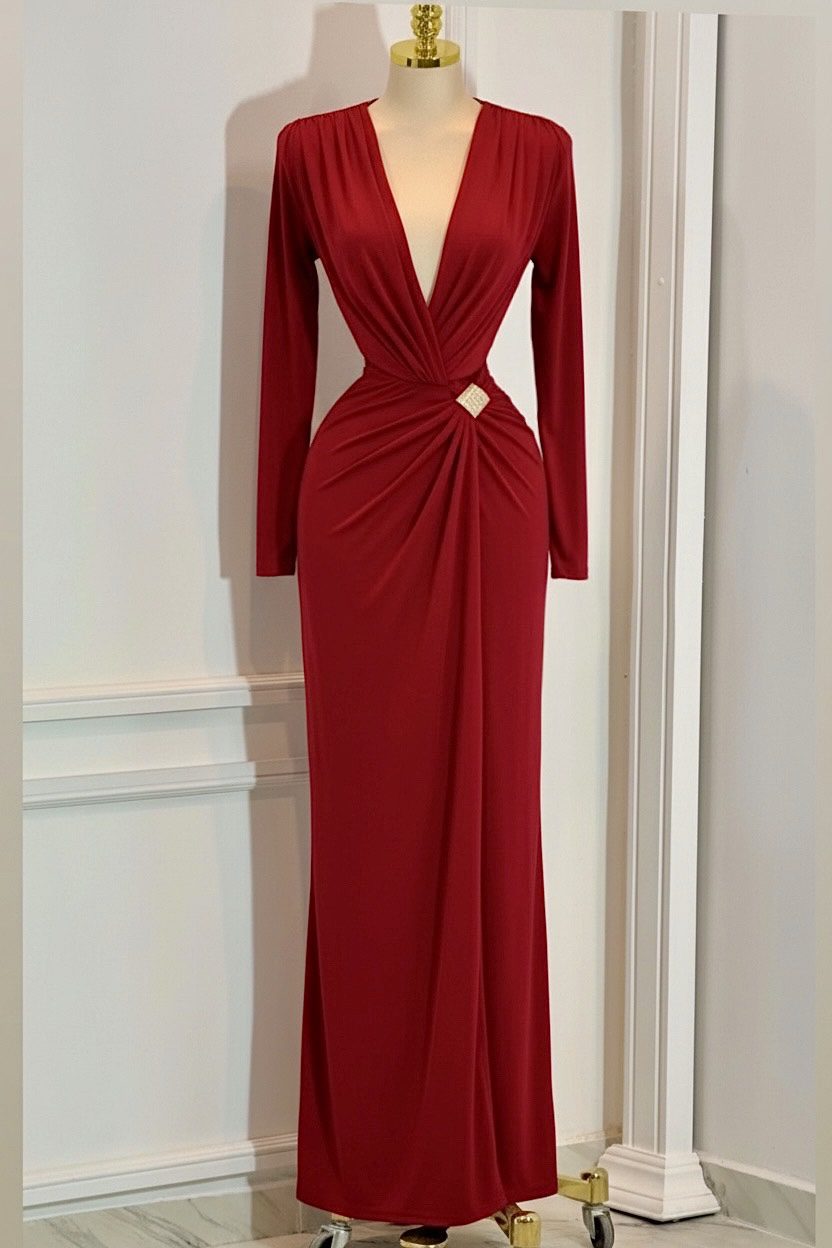 Vestido Largo Rojo De Manga Larga Con Escote Profundo Y Fruncido Central - Image 4