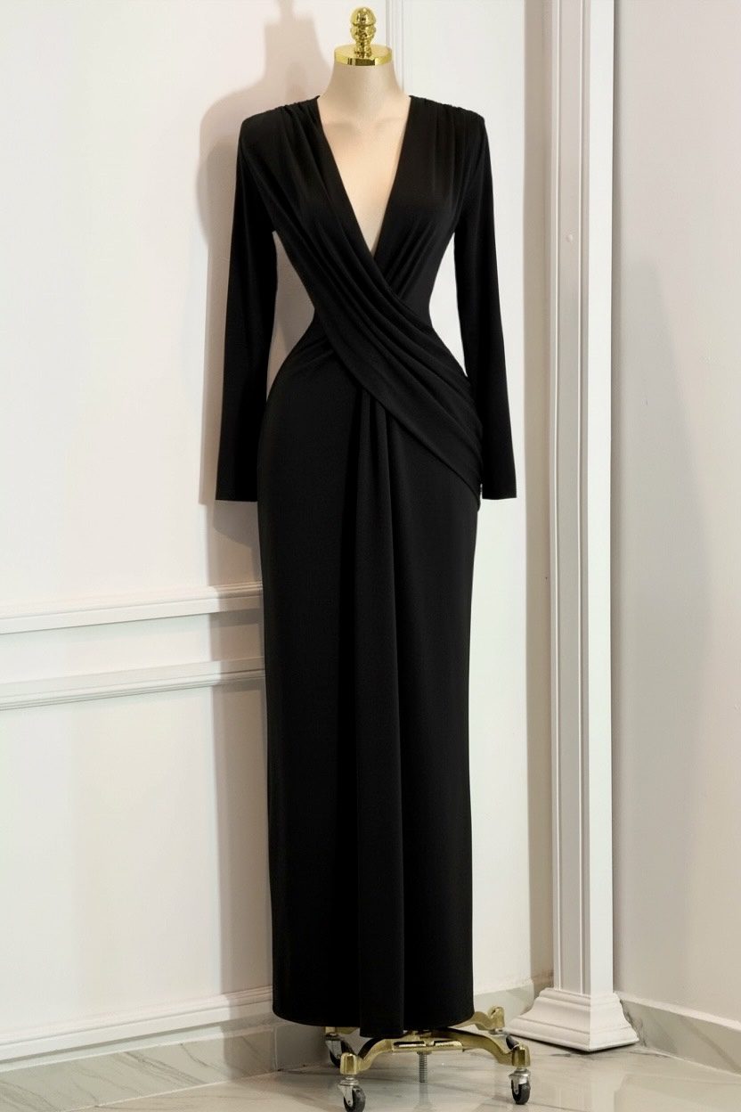Vestido Largo Negro De Manga Larga Con Escote Cruzado Y Caída Elegante - Image 4