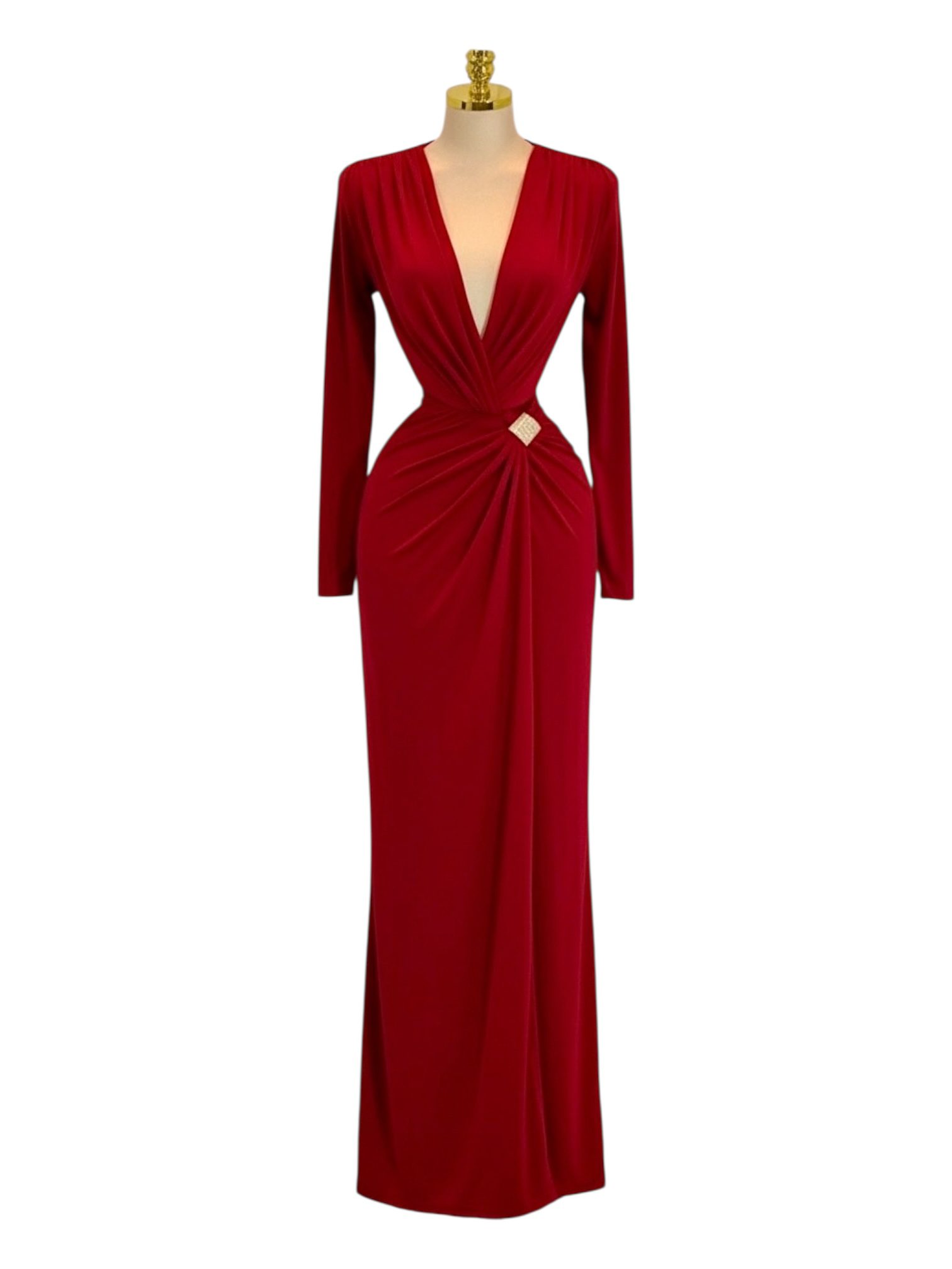 Vestido Largo Rojo De Manga Larga Con Escote Profundo Y Fruncido Central - Image 2