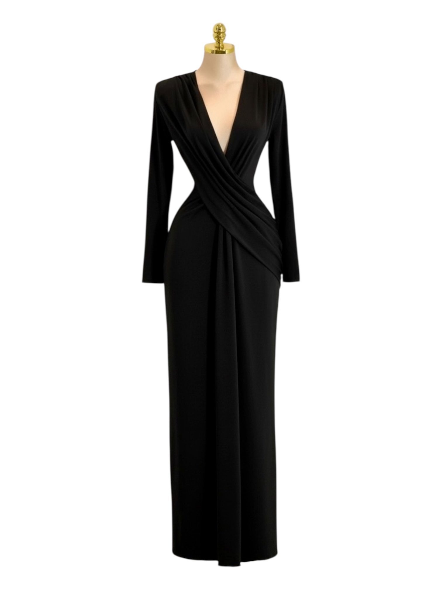 Vestido Largo Negro De Manga Larga Con Escote Cruzado Y Caída Elegante - Image 2