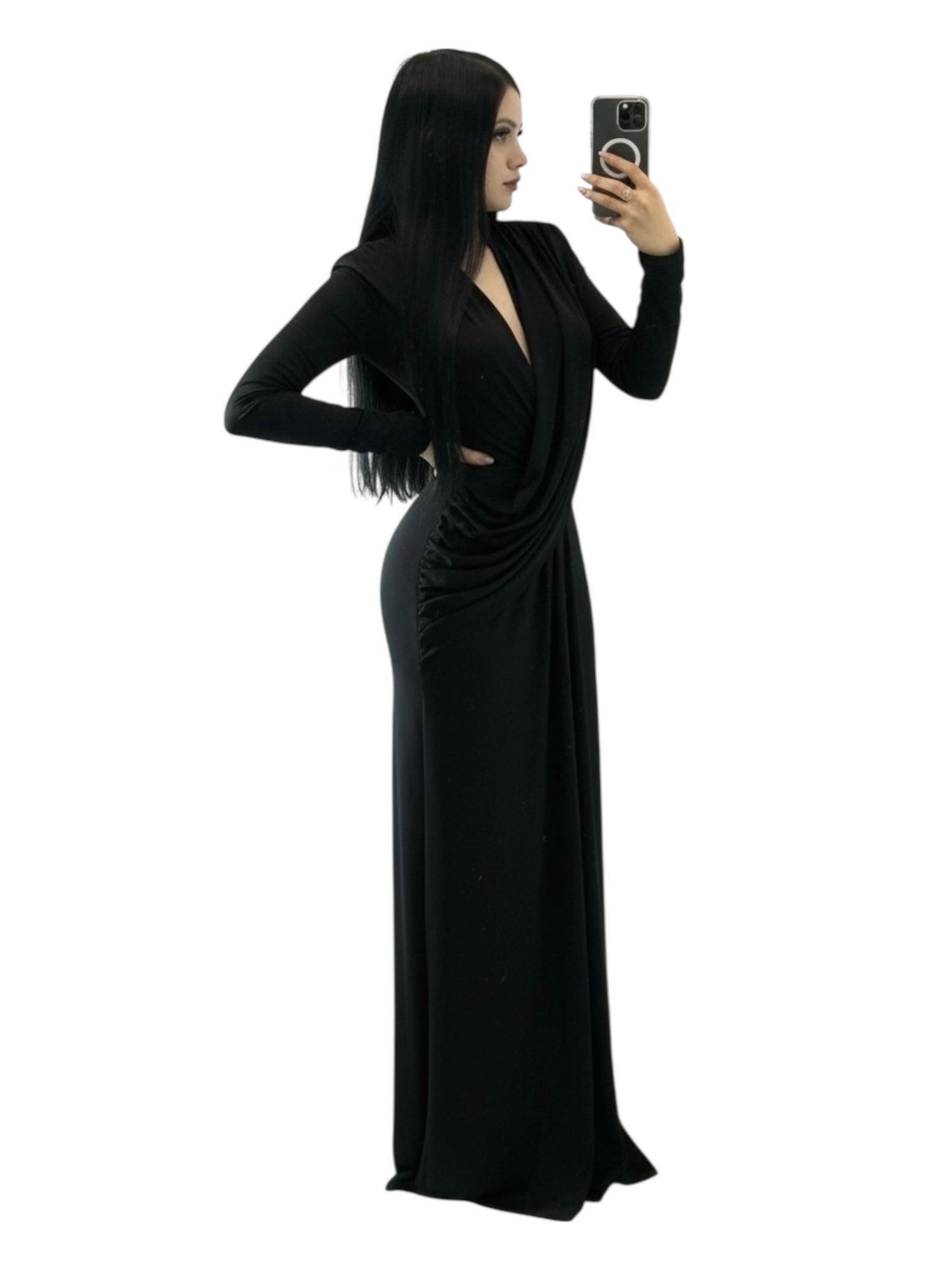 Vestido Largo Negro De Manga Larga Con Escote Cruzado Y Caída Elegante - Image 3