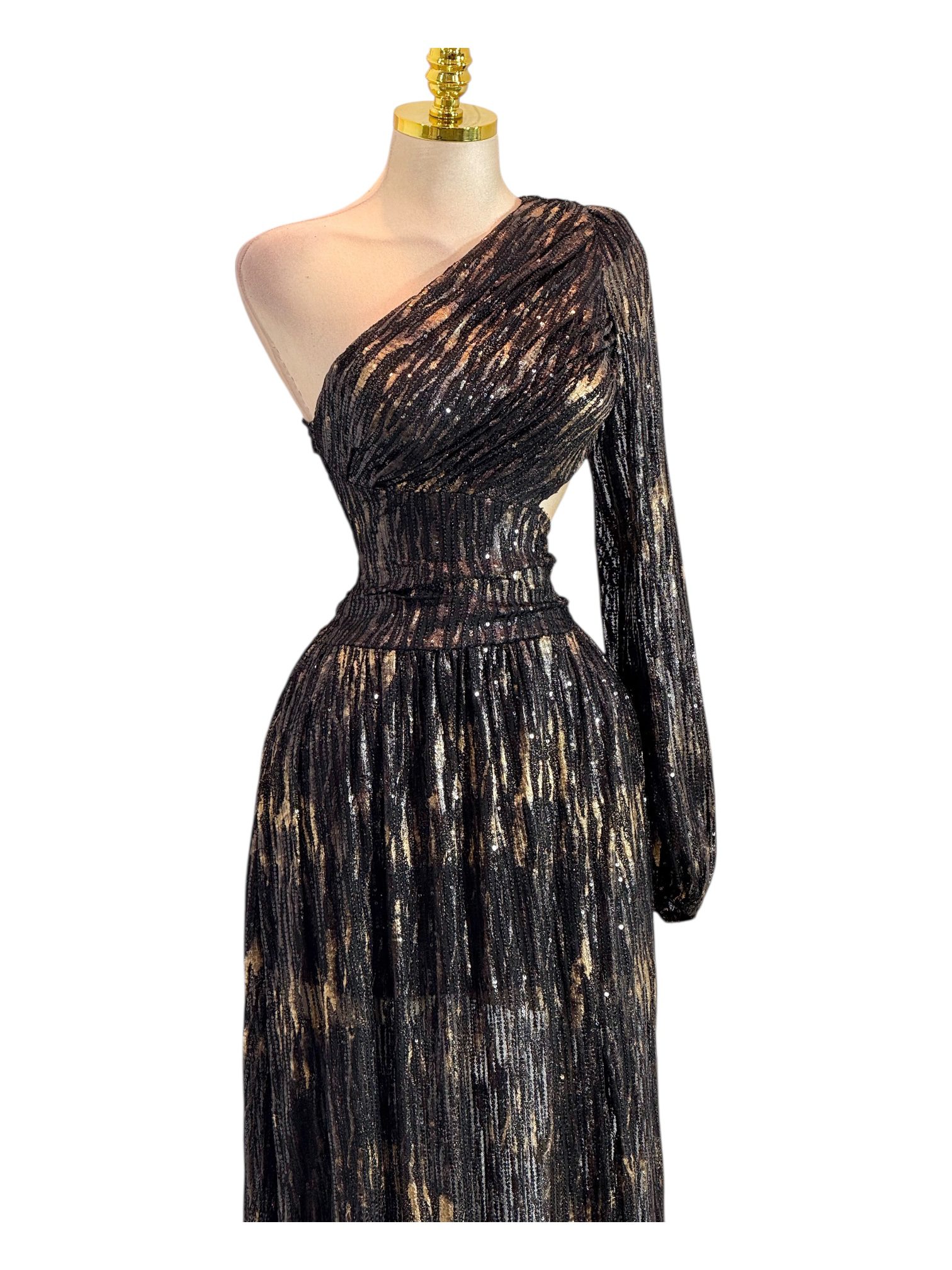 Vestido Largo Negro Con Estampado Brillante Y Diseño Asimétrico De Un Hombro - Image 3