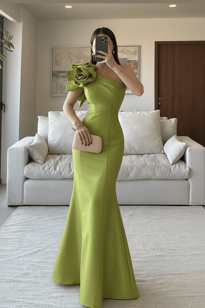 Vestido Largo Verde De Un Hombro Con Flor Maxi En Hombro - Image 4