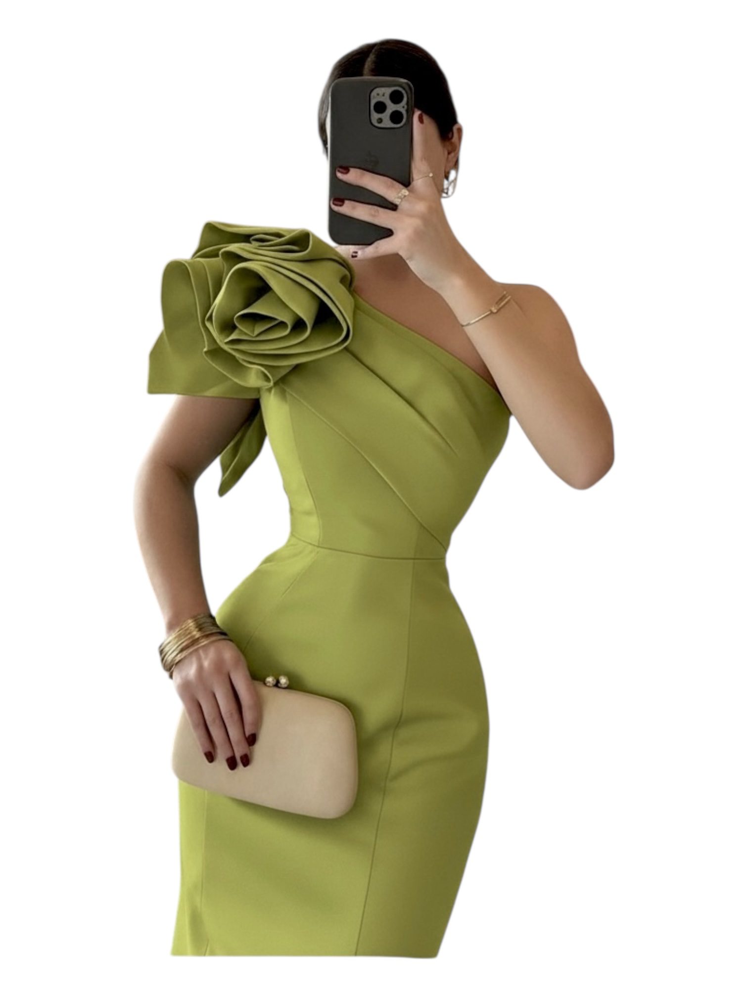 Vestido Largo Verde De Un Hombro Con Flor Maxi En Hombro - Image 3