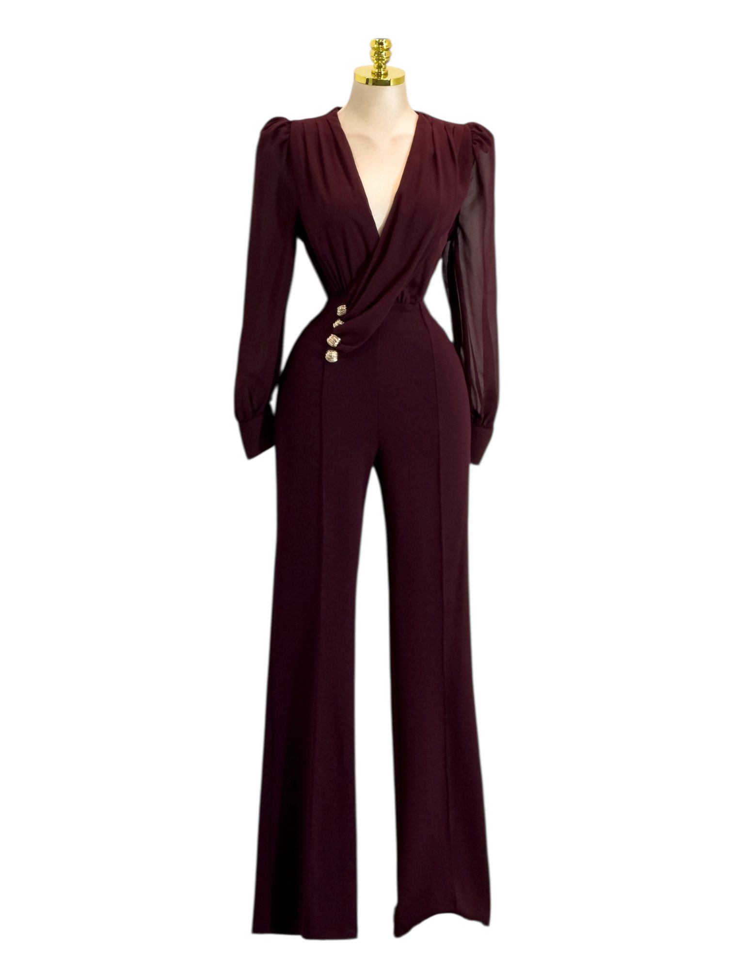 Palazzo Largo Vino De Manga Larga Con Escote Cruzado Y Botones Decorativos - Image 2