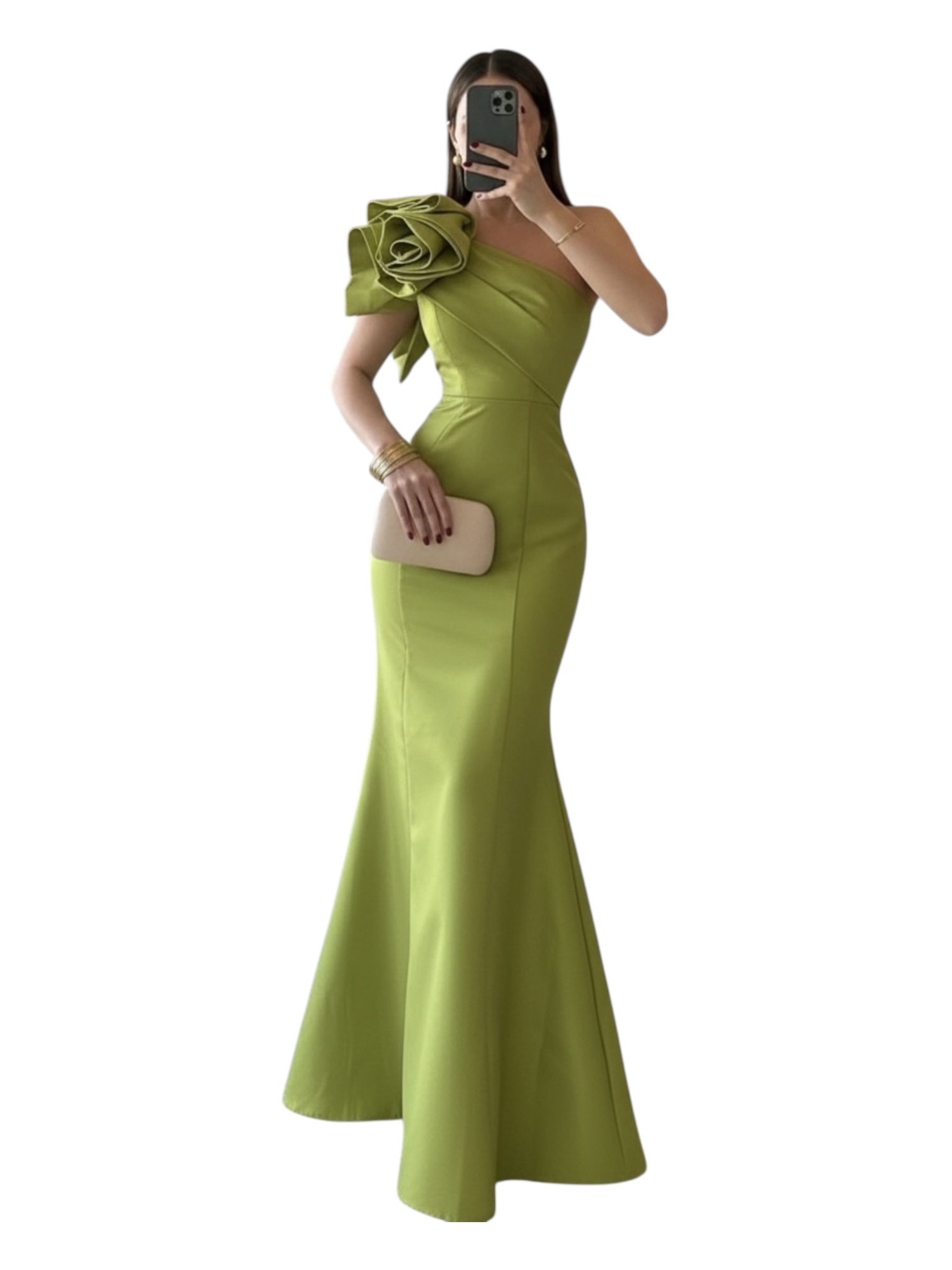 Vestido Largo Verde De Un Hombro Con Flor Maxi En Hombro - Image 2