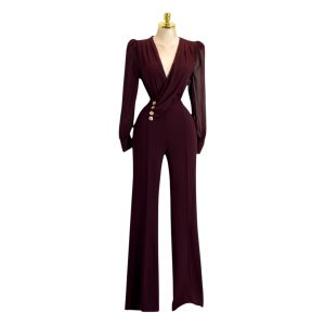 Palazzo Largo Vino De Manga Larga Con Escote Cruzado Y Botones Decorativos