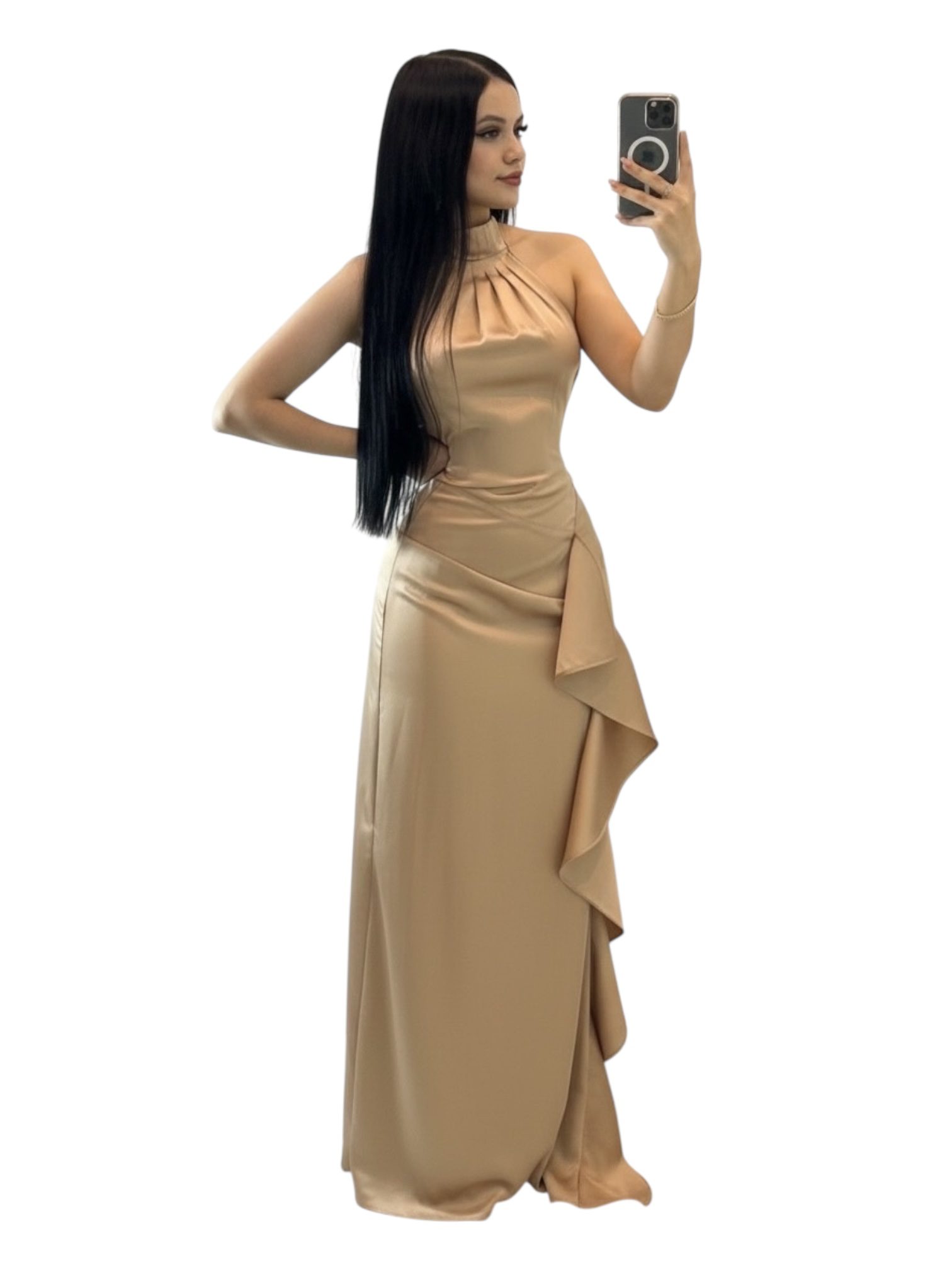 Vestido Largo Champagne Con Cuello Alto - Image 2