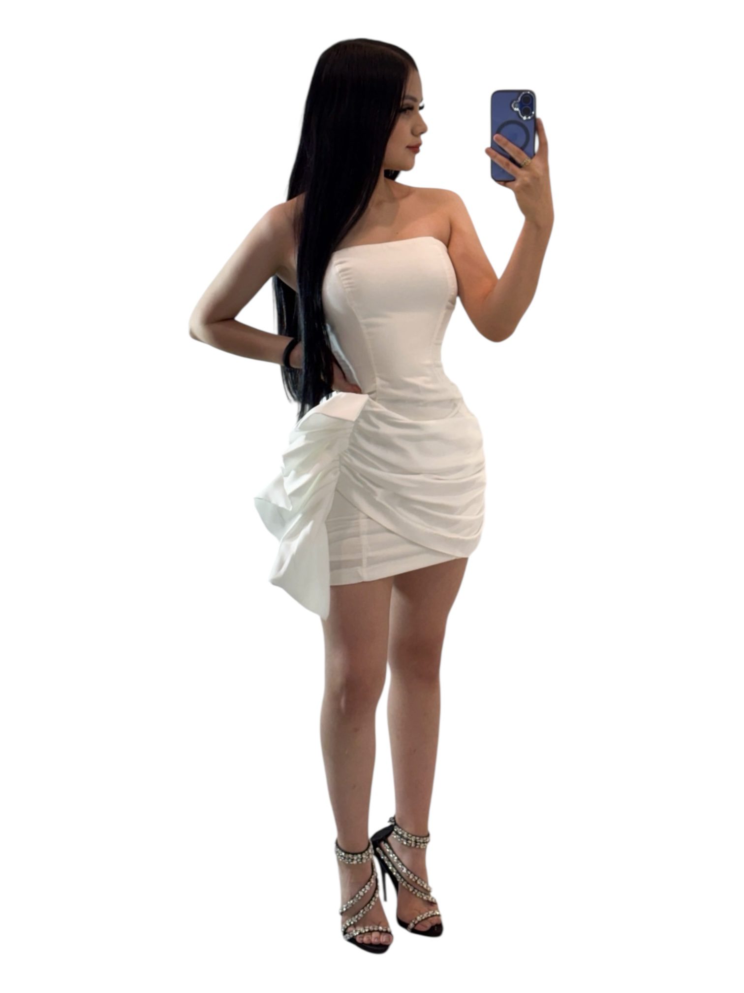 Vestido Corto Blanco Strapless De Terciopelo - Image 2