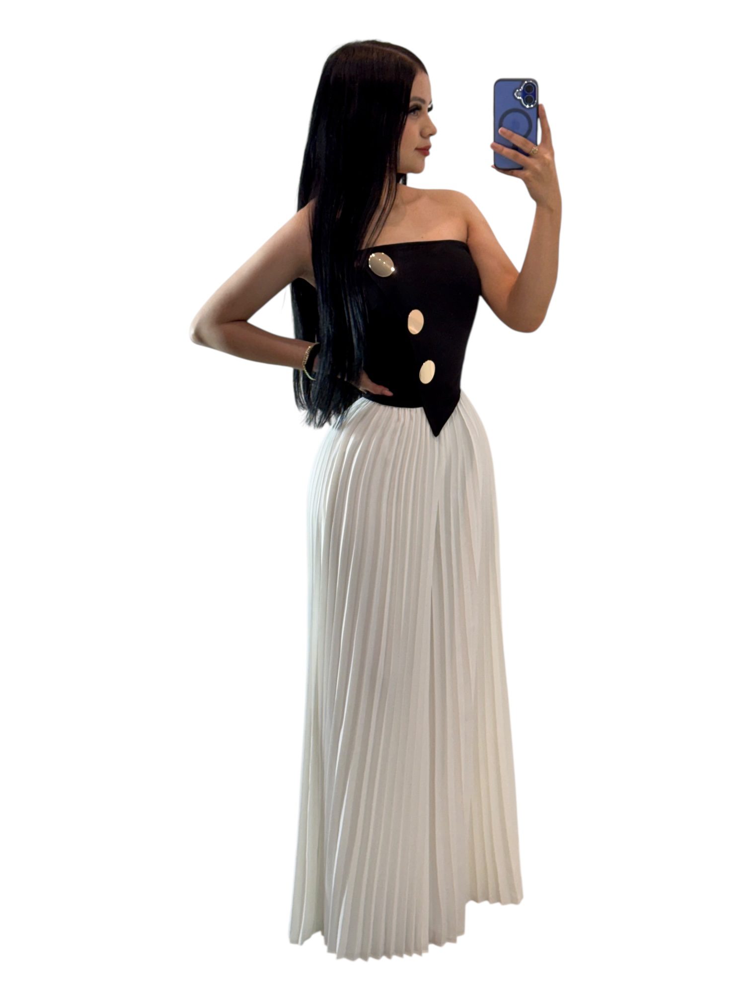 Palazzo Largo Bicolor Negro Y Blanco Strapless Con Falda Plisada - Image 3