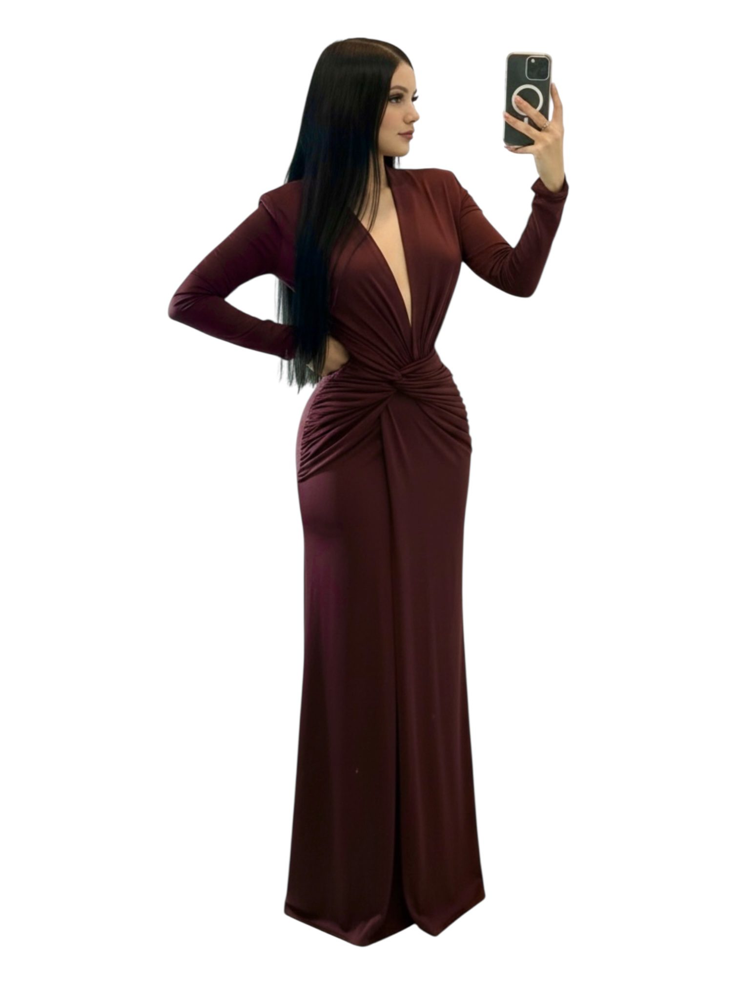 Vestido Largo Cafe Con Escote Profundo Drapeado - Image 3