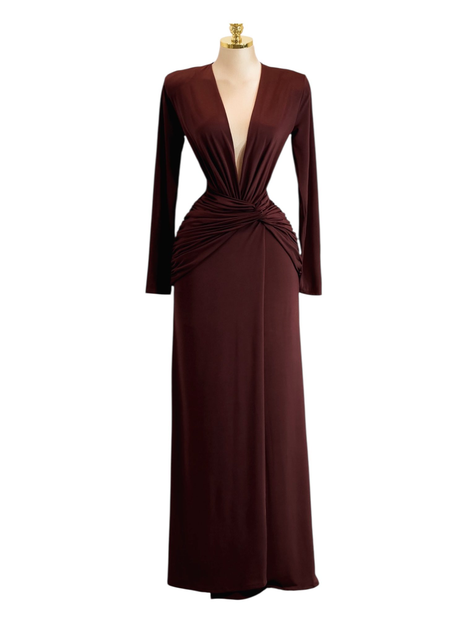 Vestido Largo Cafe Con Escote Profundo Drapeado - Image 2