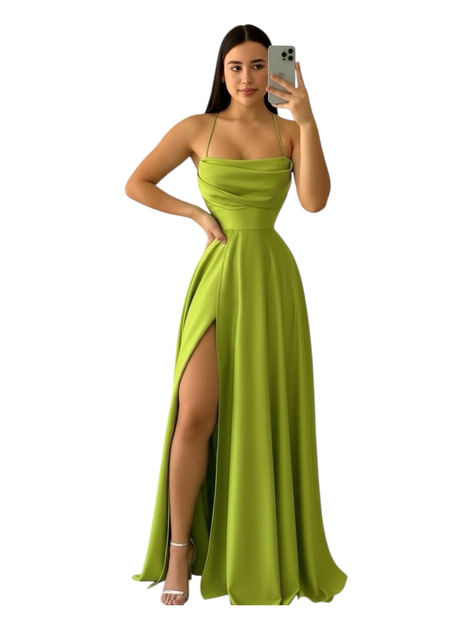 Vestido Largo Verde Con Tirantes Finos Y Abertura Lateral - Image 2