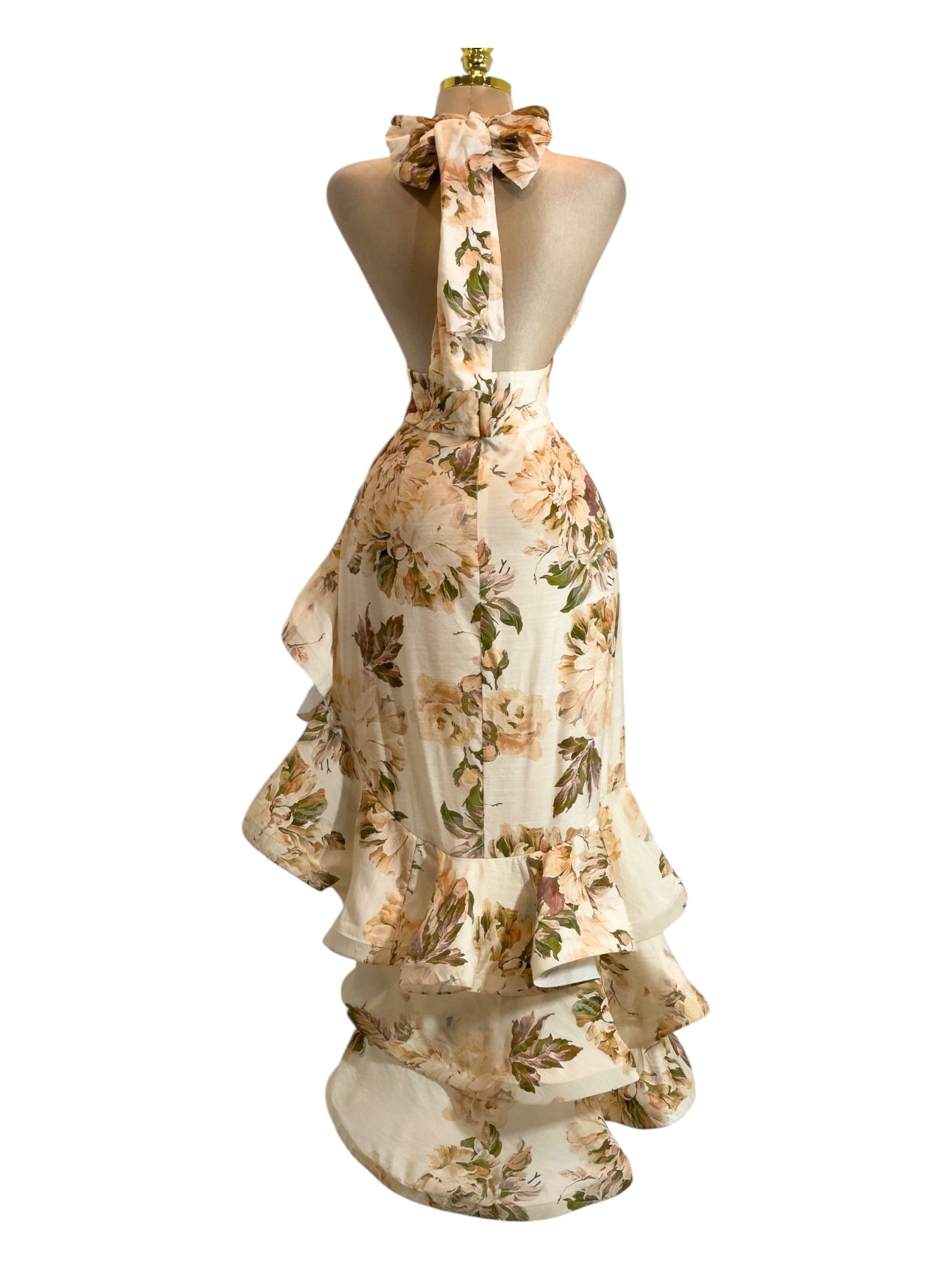 Vestido Largo Beige Estampado Floral Con Volantes - Image 3