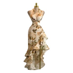 Vestido Largo Beige Estampado Floral Con Volantes