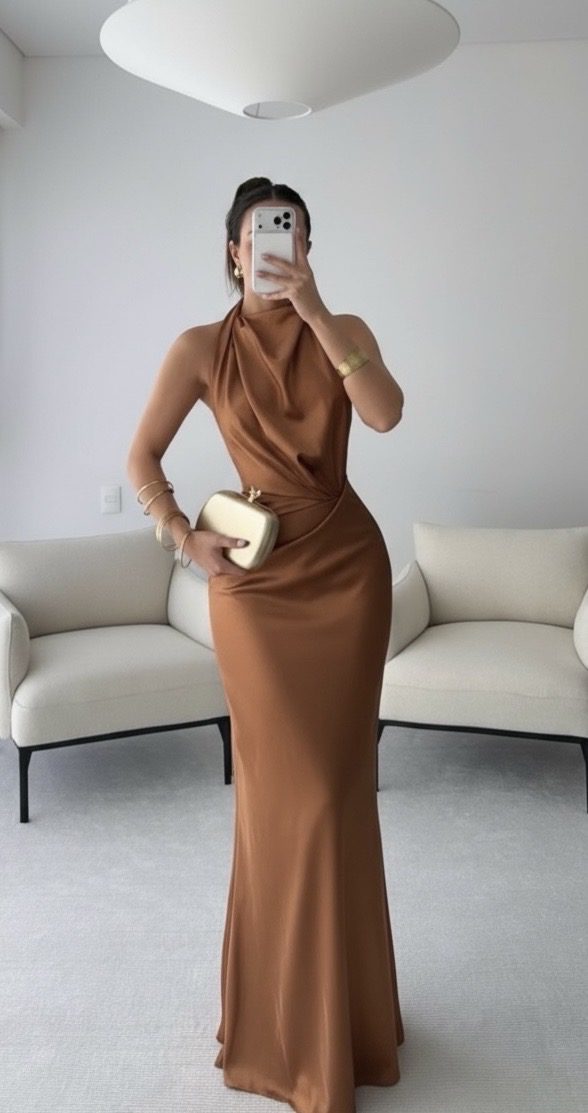 Vestido Largo Bronce Con Drapeado Lateral Y Corte Ajustado - Image 4