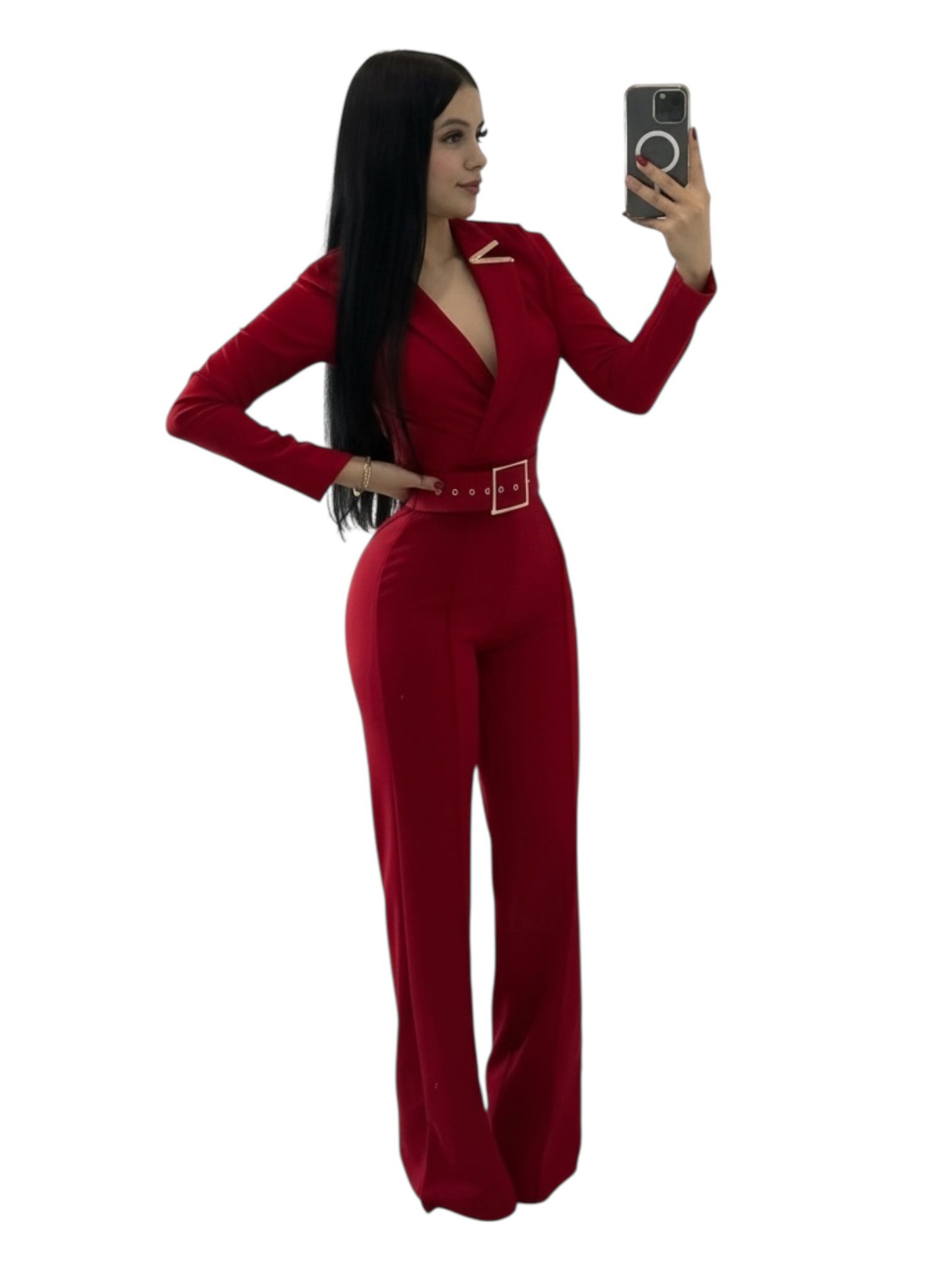 Palazzo Sastre Rojo Con Escote Cruzado Y Cinturón - Image 3