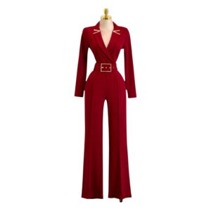 Palazzo Sastre Rojo Con Escote Cruzado Y Cinturón