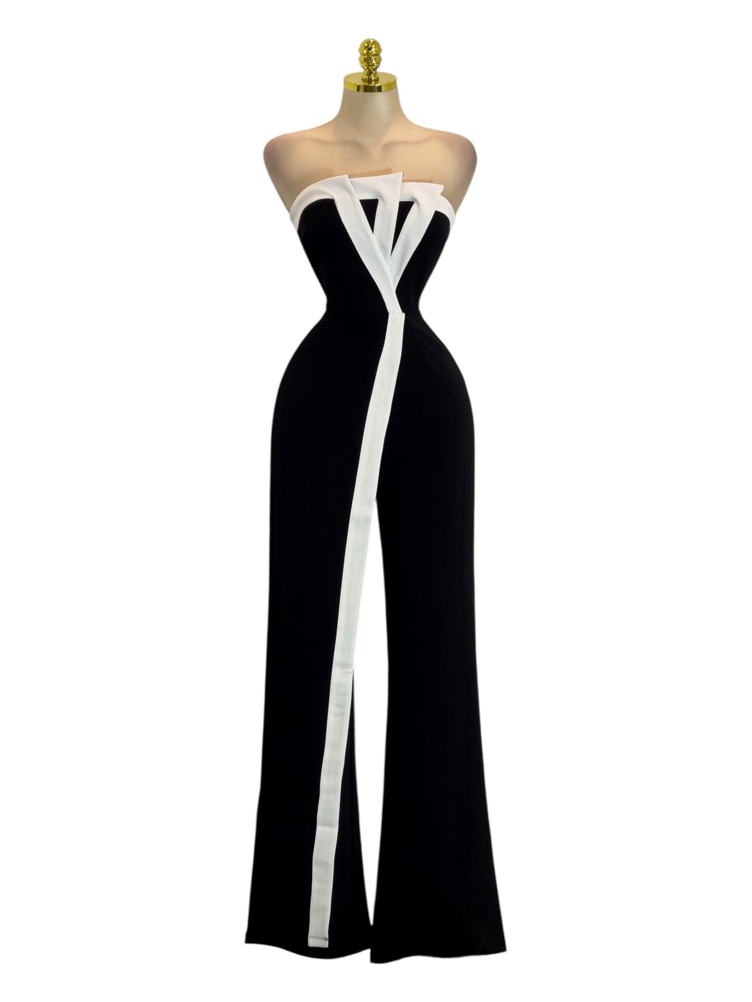 Palazzo Negro Strapless Con Detalle Blanco En Contraste - Image 2