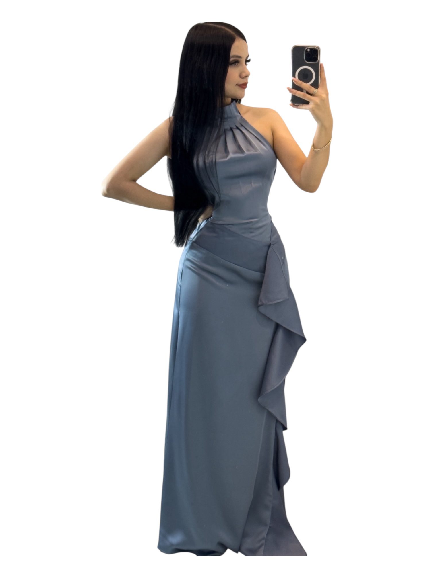 Vestido Largo Azul Con Escote Y Volante Lateral - Image 3