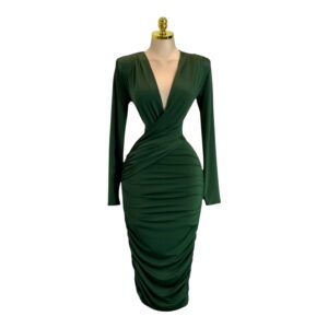 Vestido Midi Verde Con Manga Larga Y Drapeado Cruzado (copia) (copia)